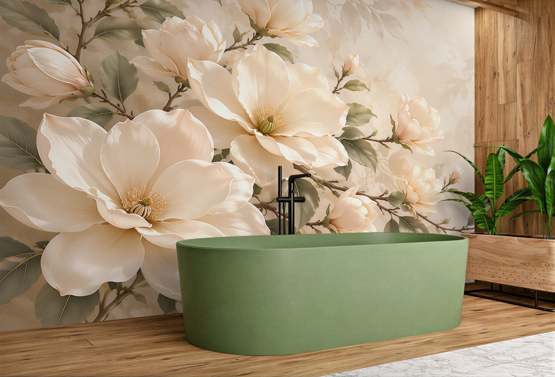 Fototapeta kremowe magnolie na gałęziach elegancka na beżowym tle?v23