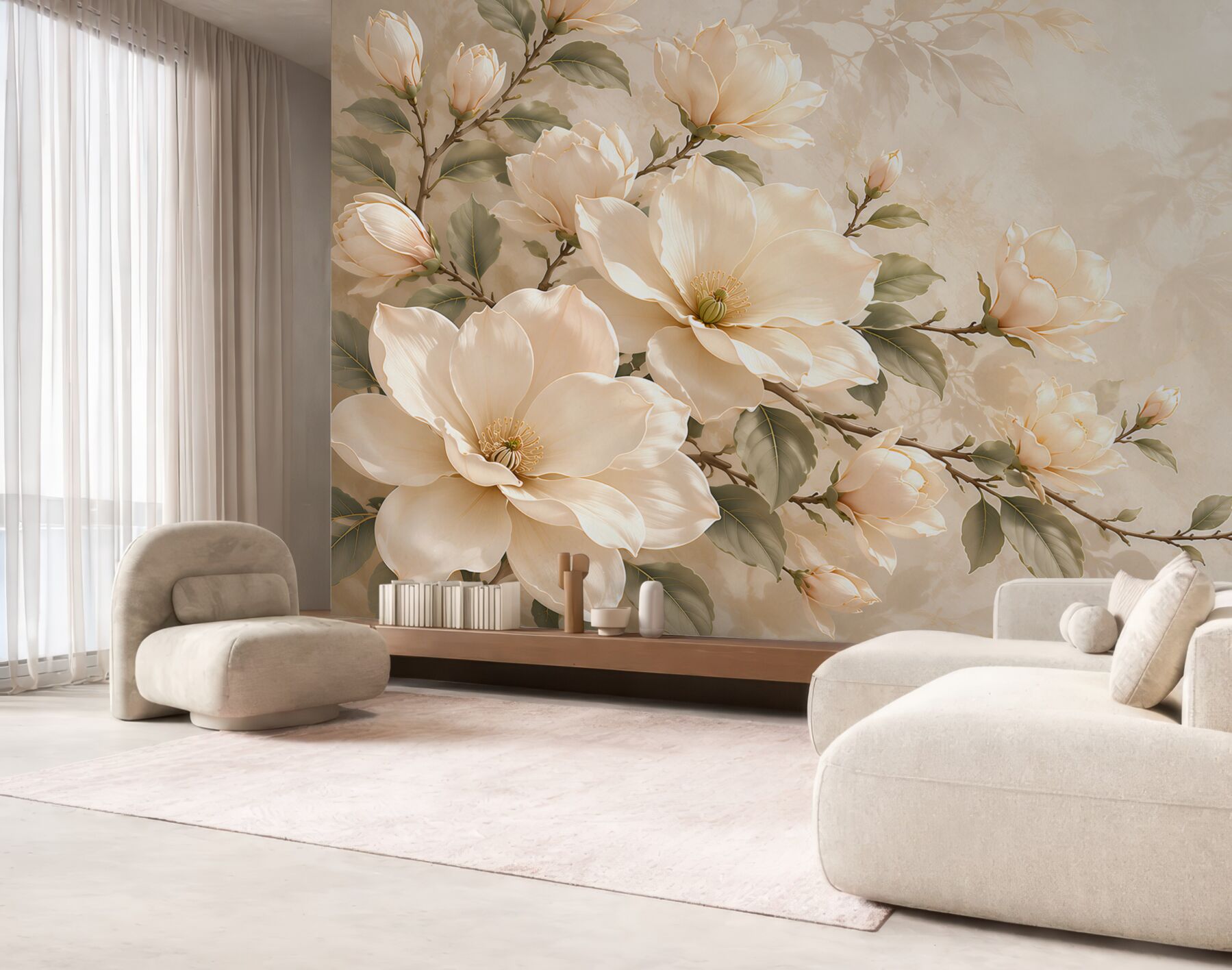 Fototapeta kremowe magnolie na gałęziach elegancka na beżowym tle?v23