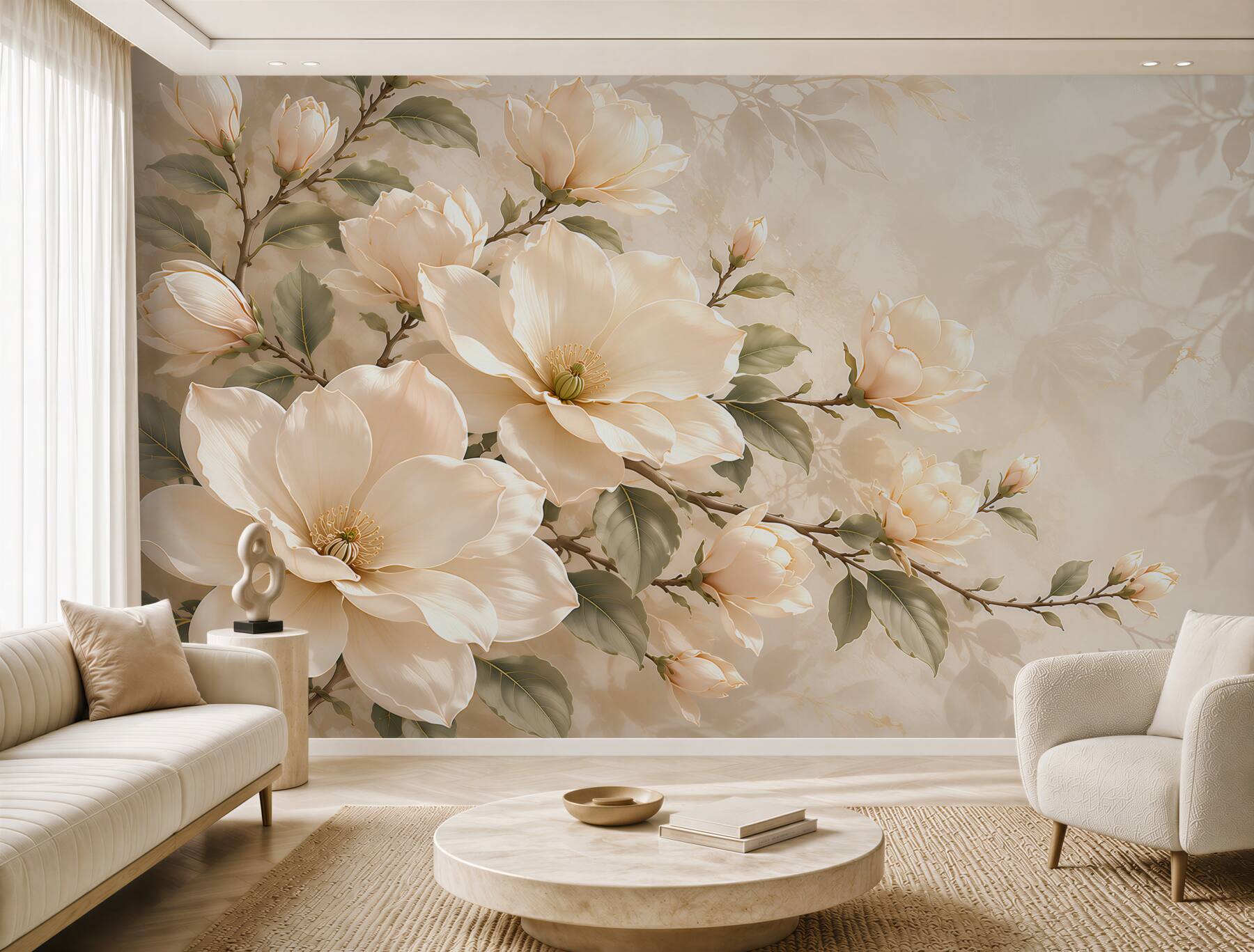 Fototapeta kremowe magnolie na gałęziach elegancka na beżowym tle?v23