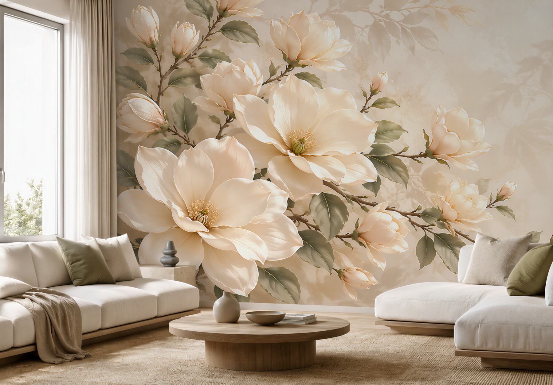 Fototapeta kremowe magnolie na gałęziach elegancka na beżowym tle?v23