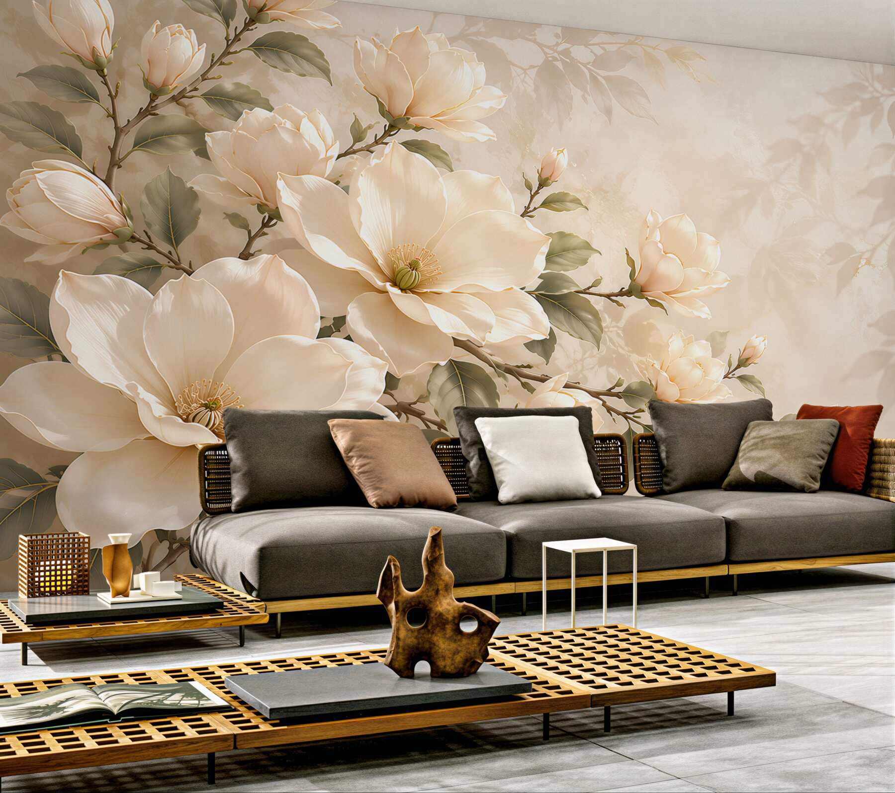 Fototapeta kremowe magnolie na gałęziach elegancka na beżowym tle?v23