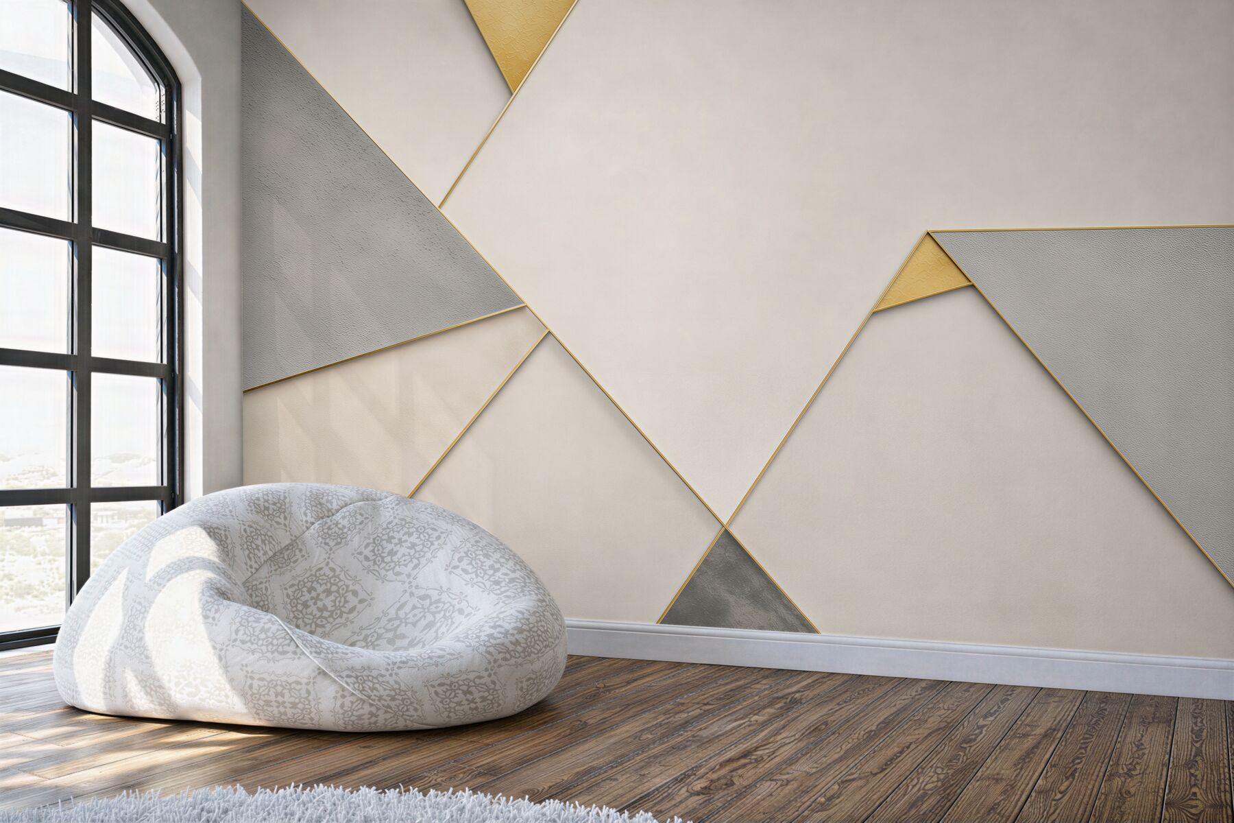 Fototapeta geometryczna abstrakcja beżowo-szara ze złotymi liniami nowoczesna?v23