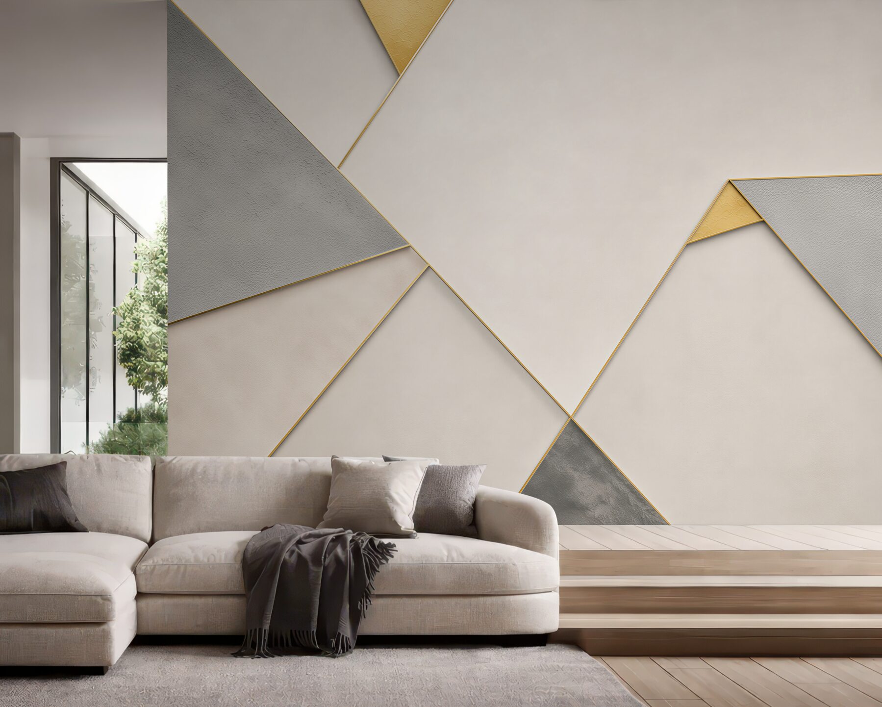 Fototapeta geometryczna abstrakcja beżowo-szara ze złotymi liniami nowoczesna?v23