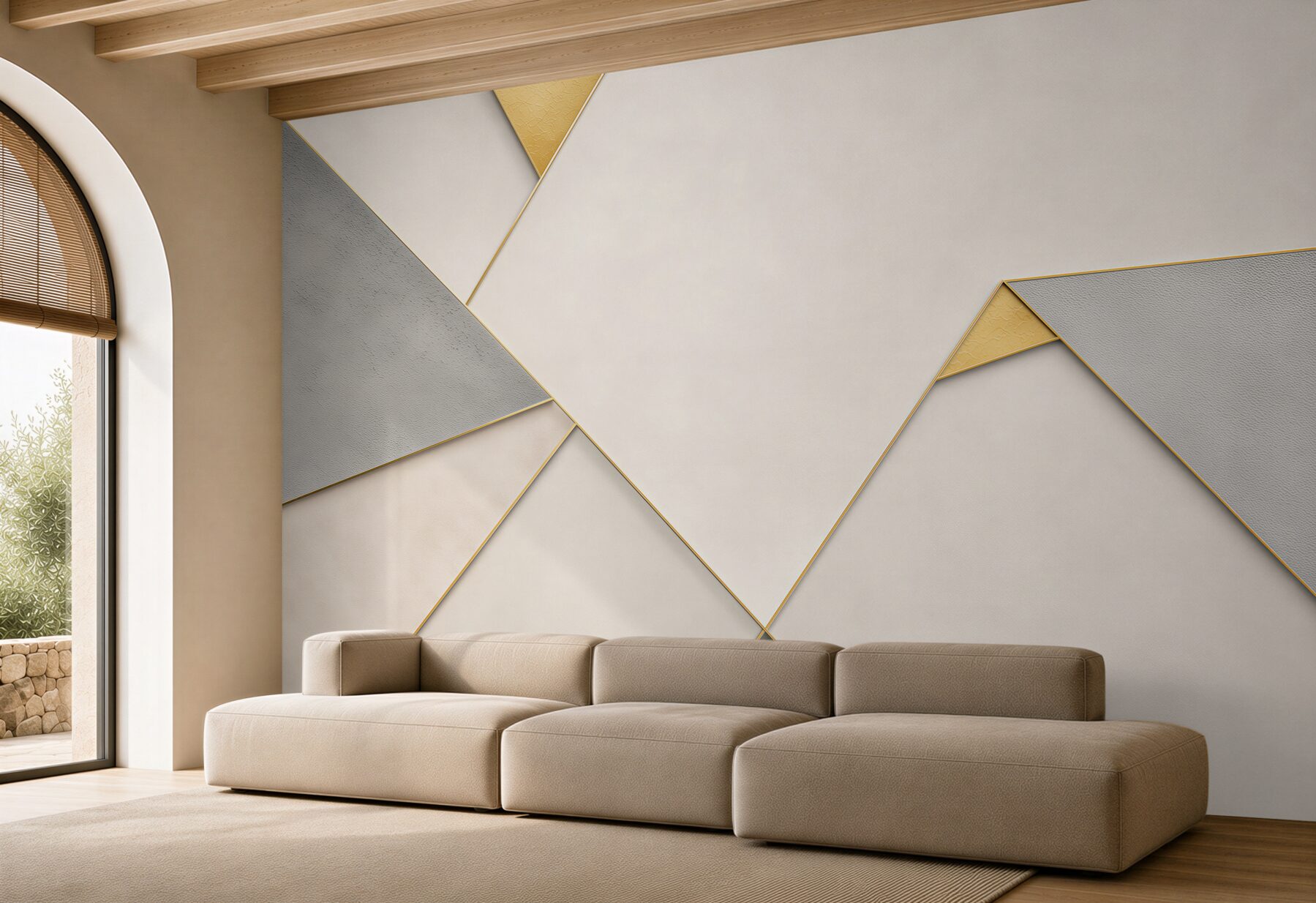 Fototapeta geometryczna abstrakcja beżowo-szara ze złotymi liniami nowoczesna?v23