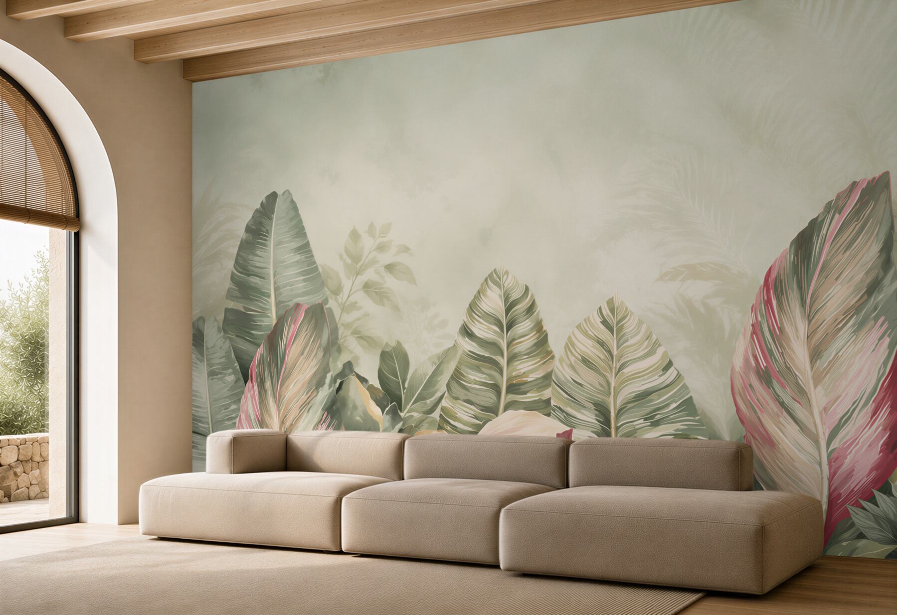 Fototapeta tropikalne liście zielone z różem botaniczna do salonu?v23