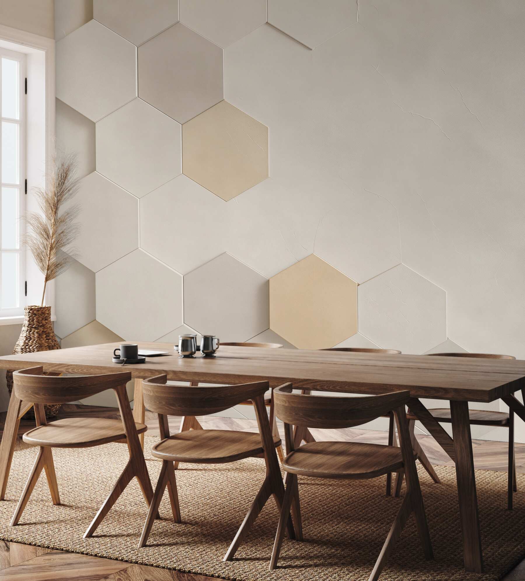 Fototapeta geometryczne heksagony beżowe nowoczesny wzór 3D minimalistyczny?v23
