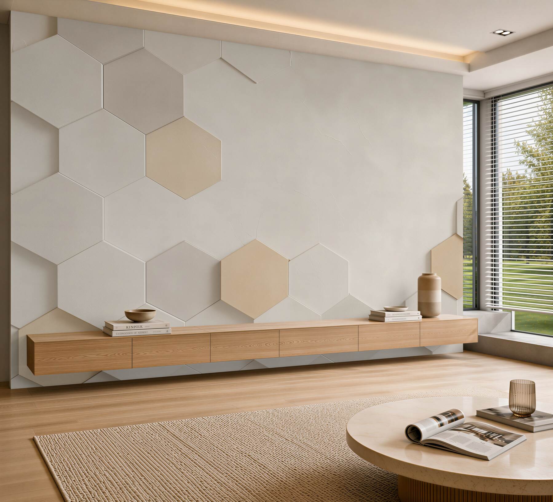 Fototapeta geometryczne heksagony beżowe nowoczesny wzór 3D minimalistyczny?v23