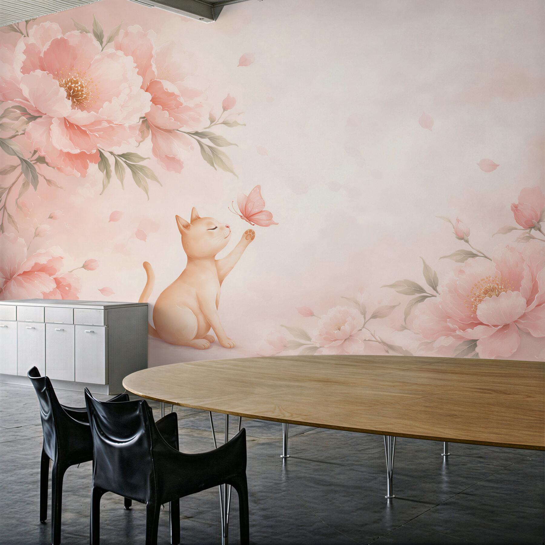 Fototapeta kotek z motylem i pastelowymi piwoniami do pokoju dziecka