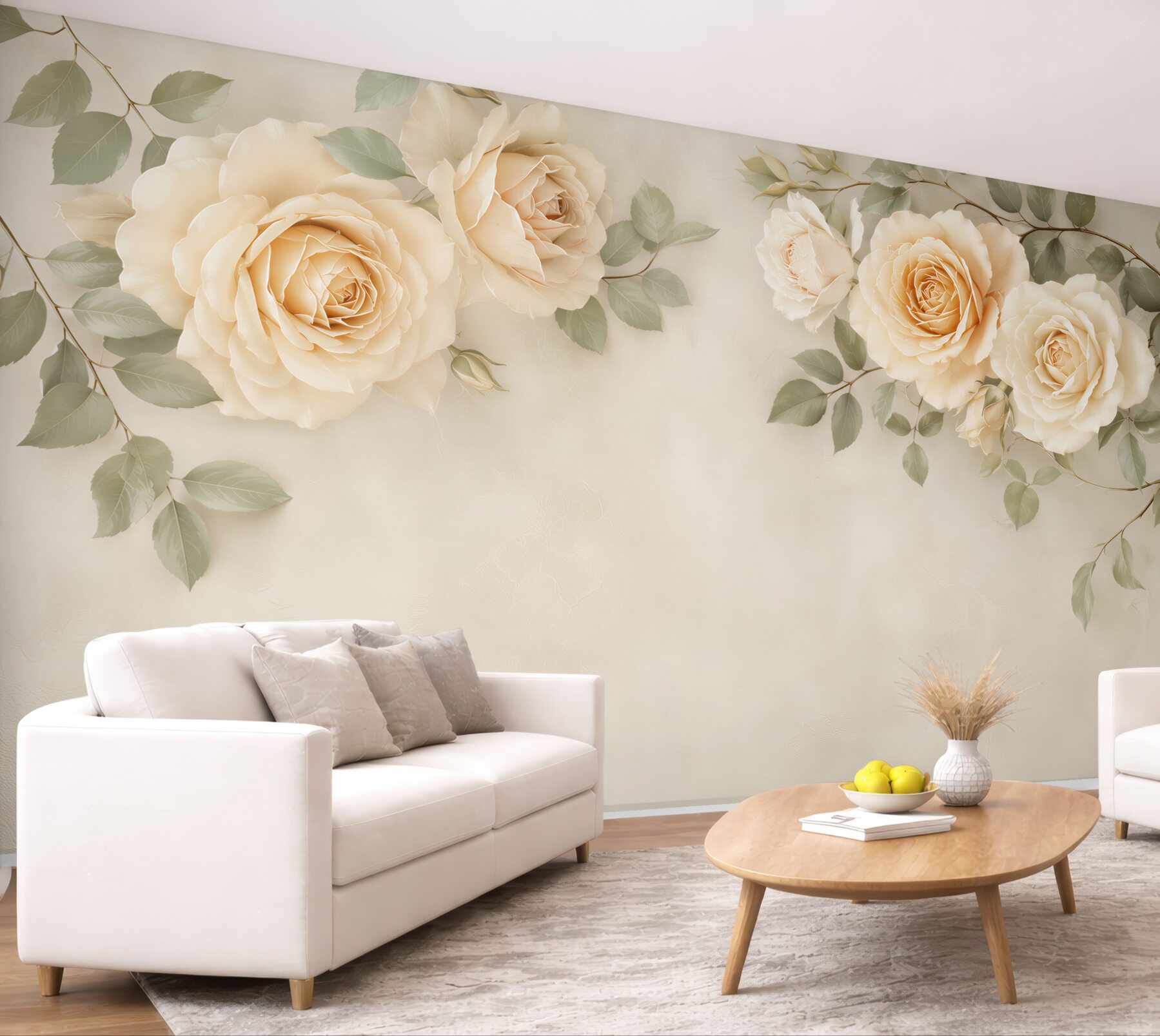 Fototapeta kremowe róże z zielonymi liśćmi elegancka do sypialni?v23