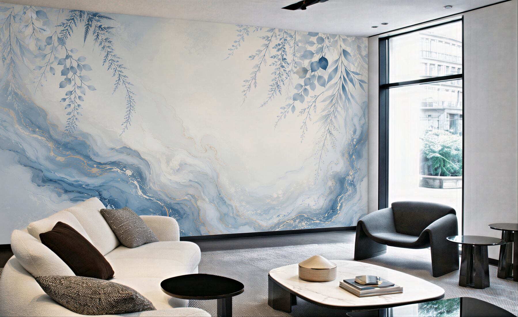 Fototapeta niebieskie liście i marmurowa abstrakcja ze złotymi akcentami?v23