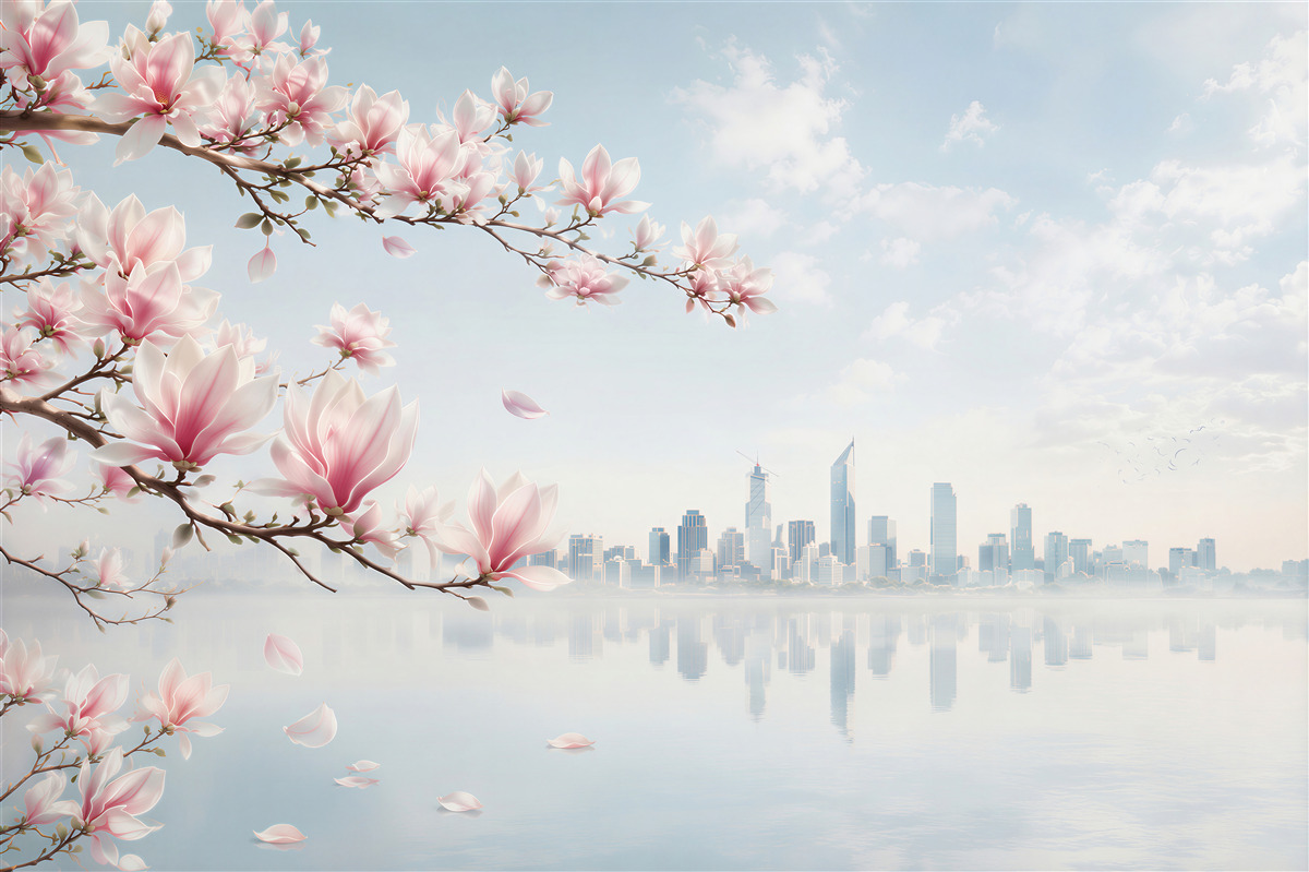 Fototapeta magnolie nad jeziorem z panoramą miasta pastelowa