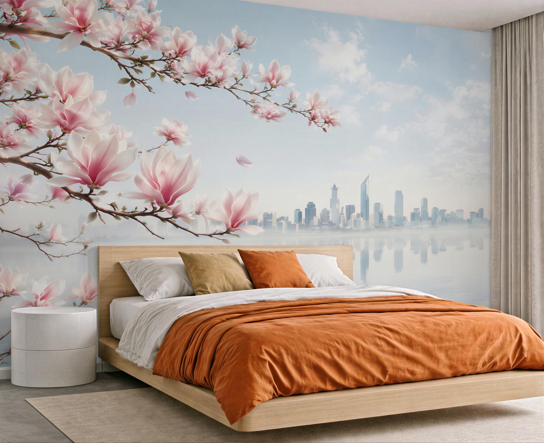 Fototapeta magnolie nad jeziorem z panoramą miasta pastelowa?v23