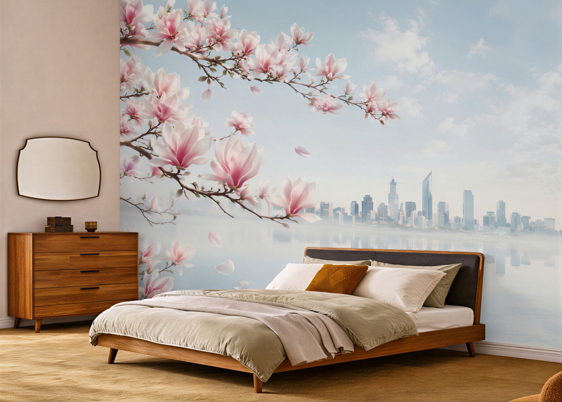 Fototapeta magnolie nad jeziorem z panoramą miasta pastelowa