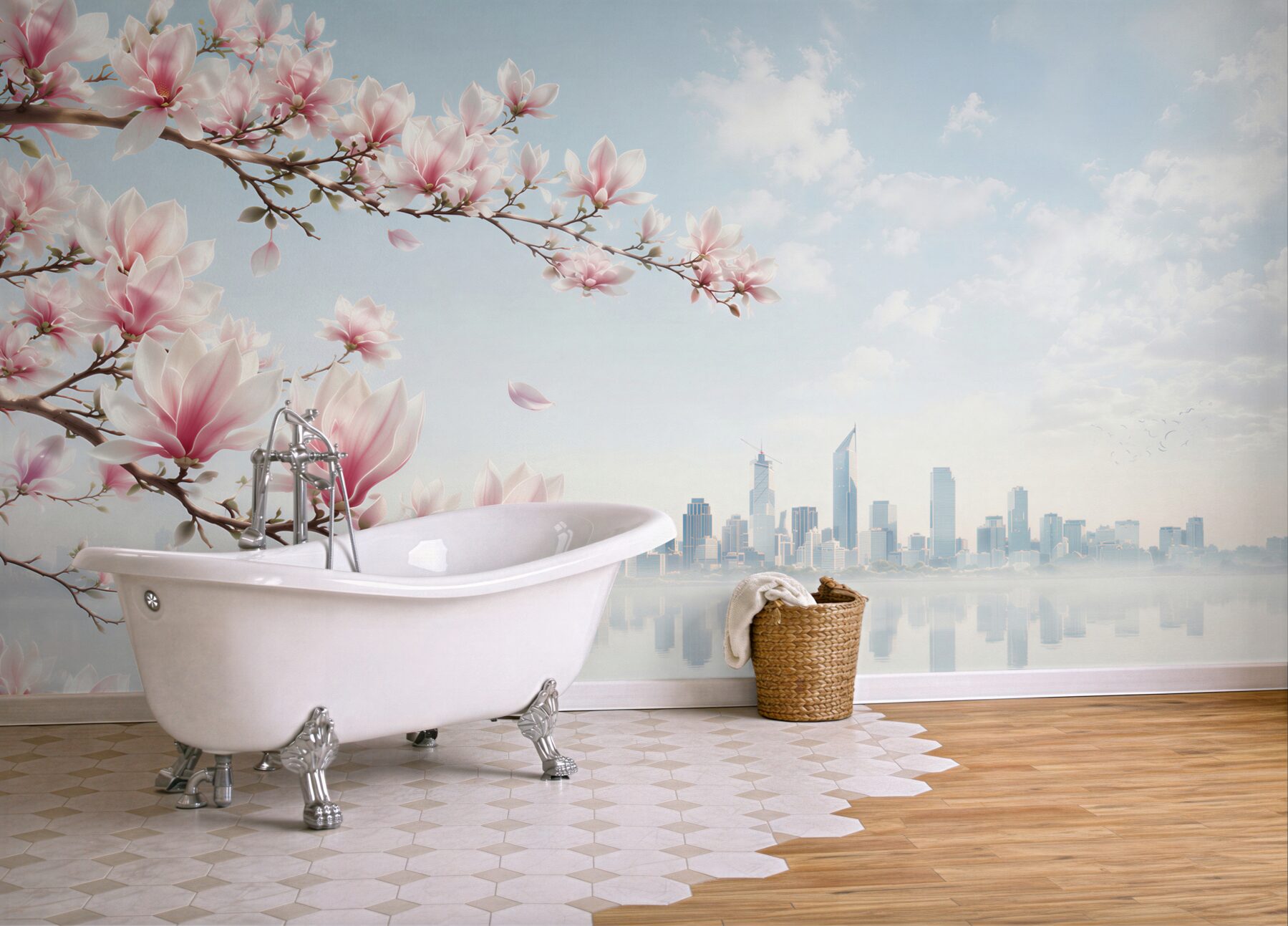 Fototapeta magnolie nad jeziorem z panoramą miasta pastelowa?v23