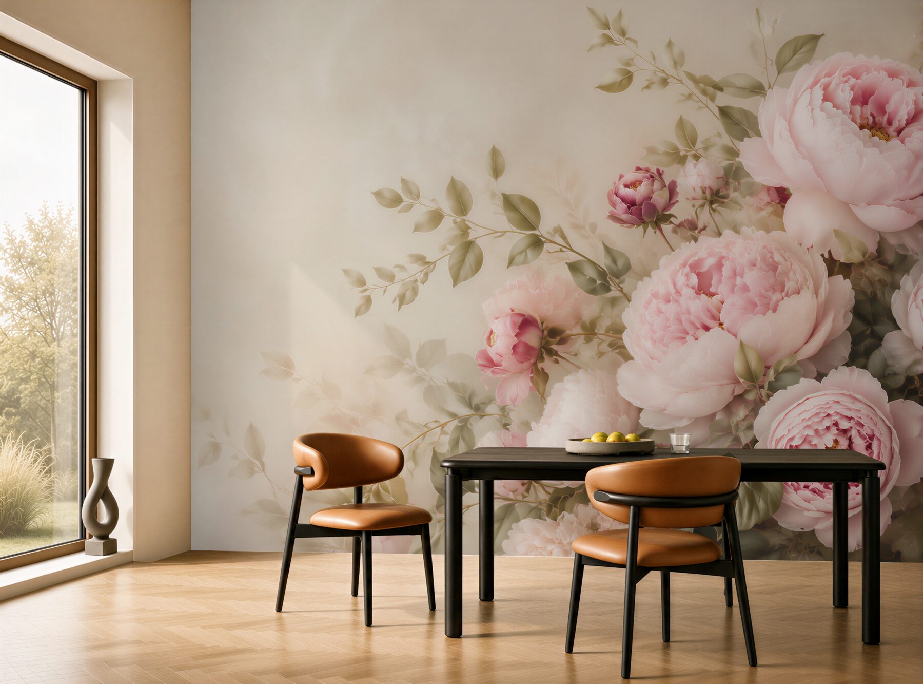 Fototapeta piwonie pudrowy róż na beżowym tle elegancka do sypialni?v23