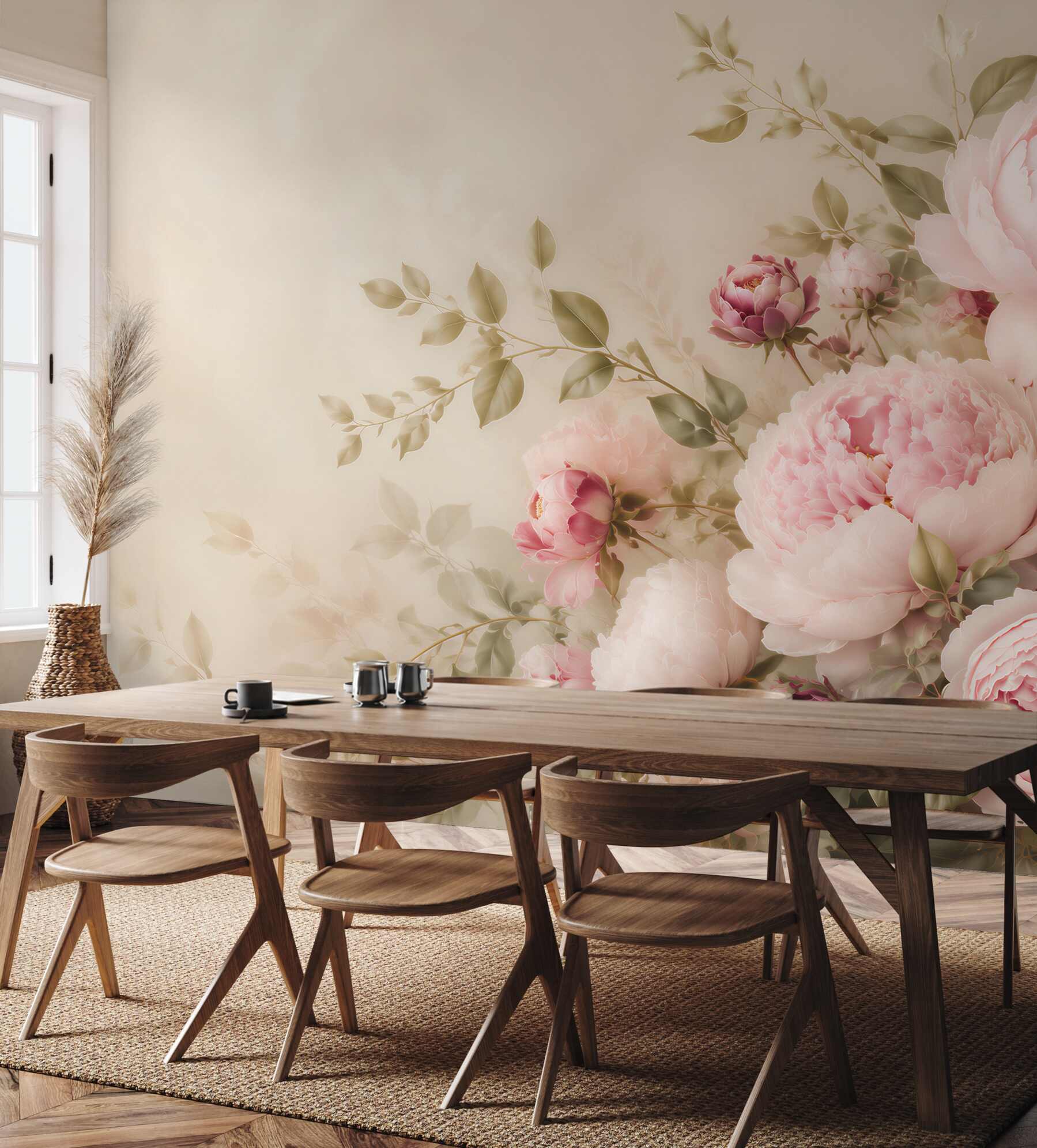 Fototapeta piwonie pudrowy róż na beżowym tle elegancka do sypialni?v23