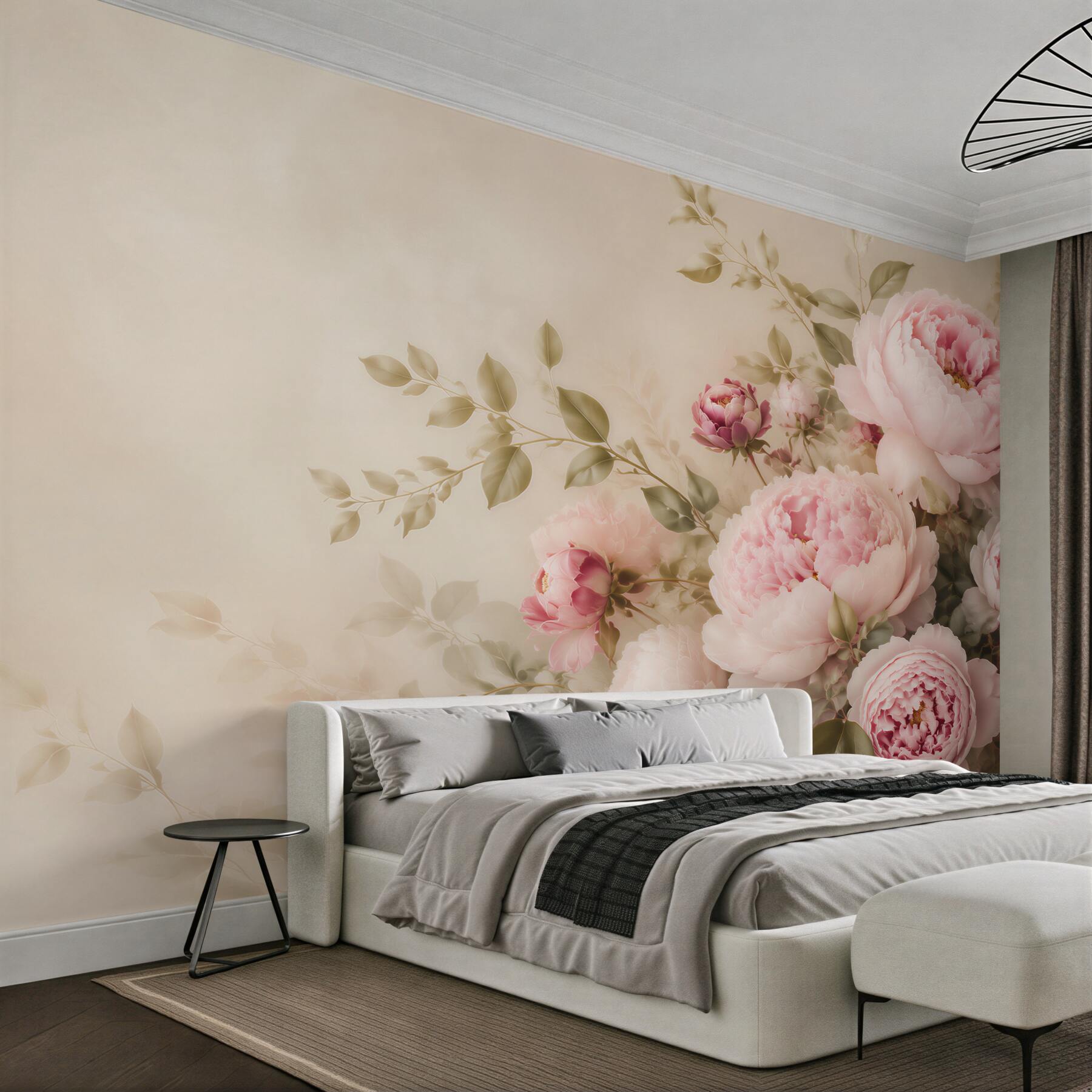 Fototapeta piwonie pudrowy róż na beżowym tle elegancka do sypialni?v23