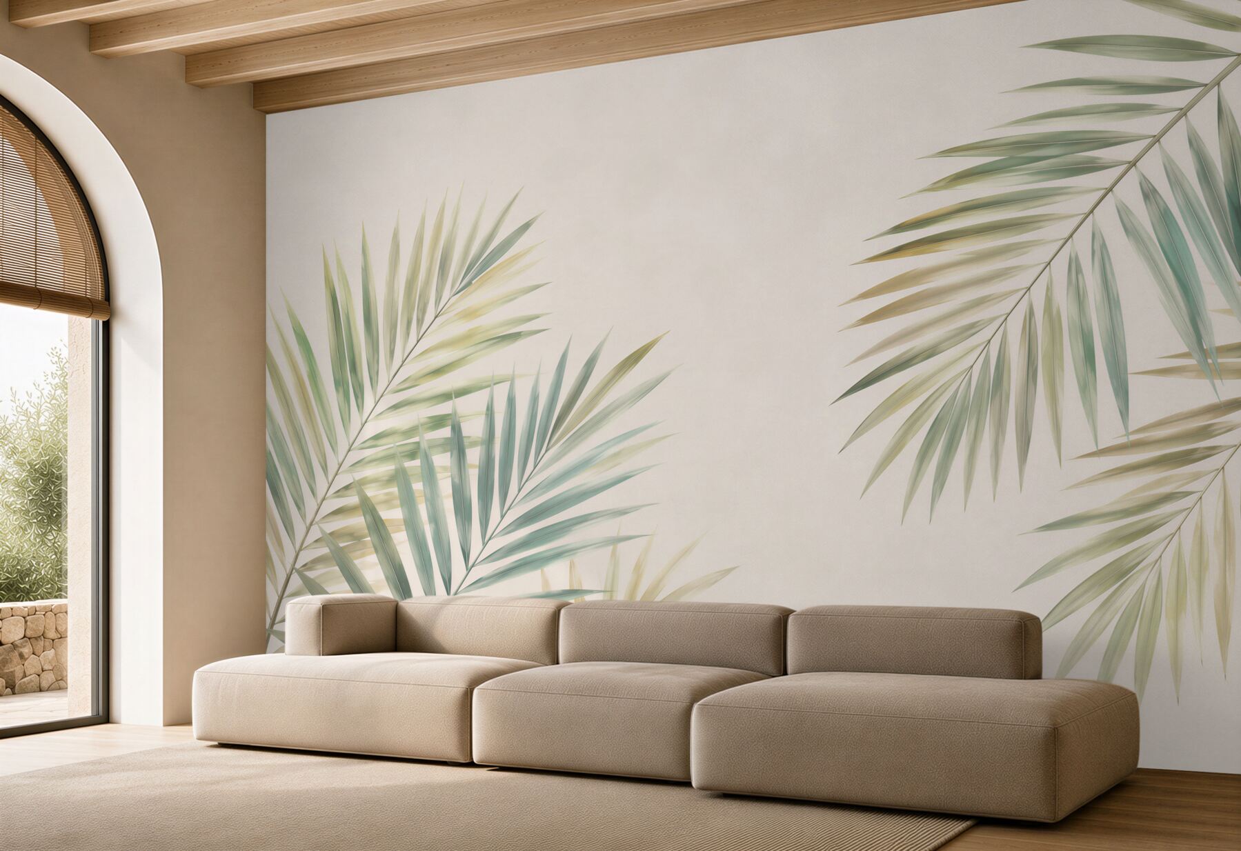 Fototapeta liście palmowe beżowo zielone minimalistyczne tropikalne?v23