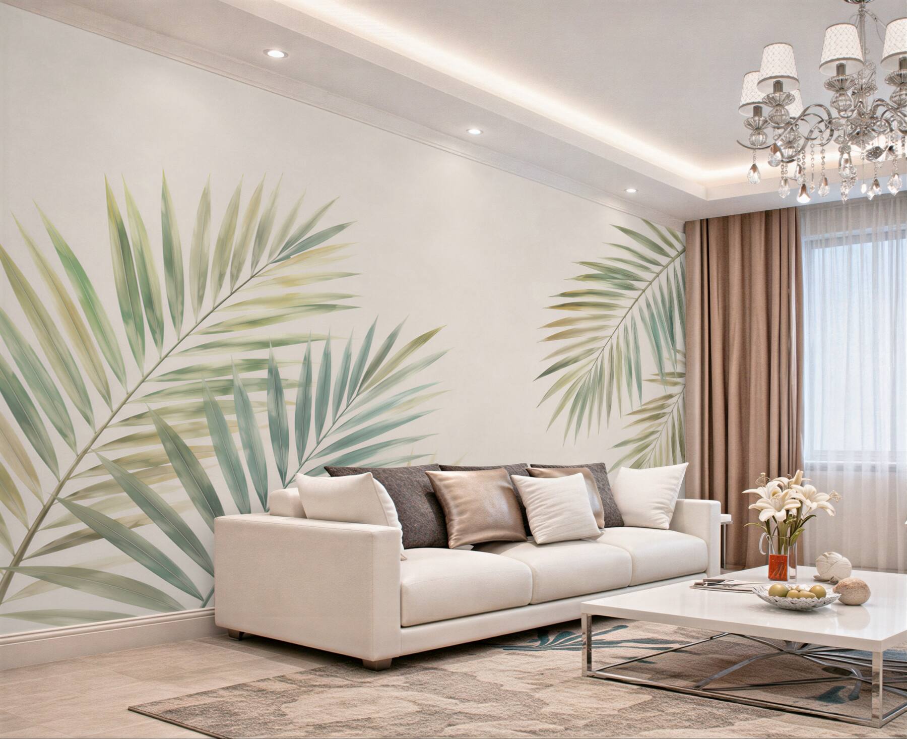 Fototapeta liście palmowe beżowo zielone minimalistyczne tropikalne?v23