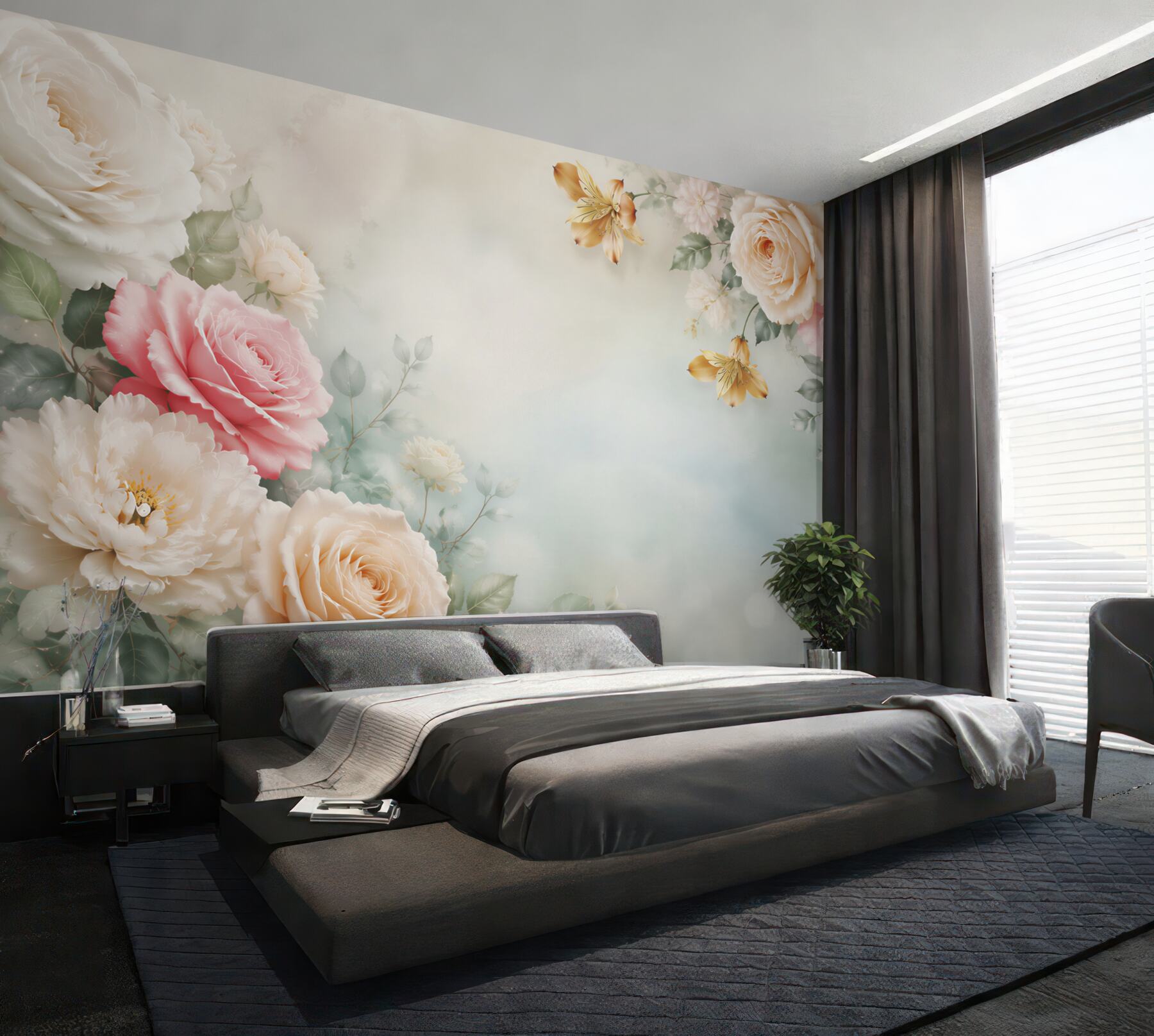 Fototapeta róże i piwonie pastelowe z delikatnymi złotymi kwiatami?v23
