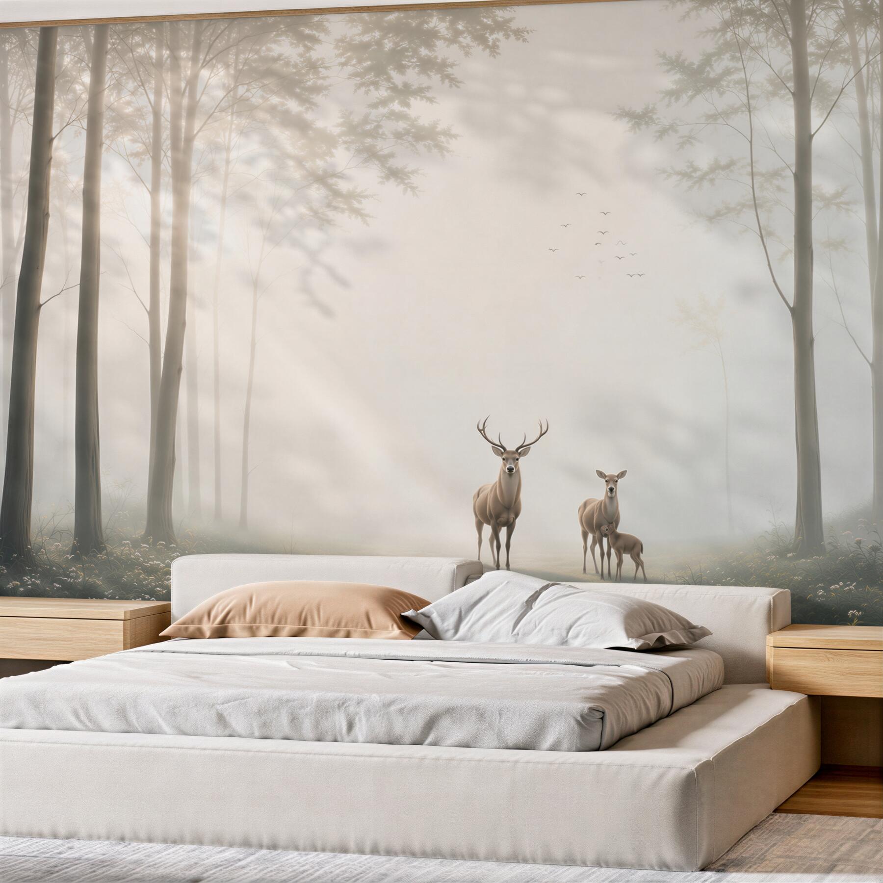 Fototapeta jelenie w mglistym lesie o poranku spokojna naturalna sceneria?v23