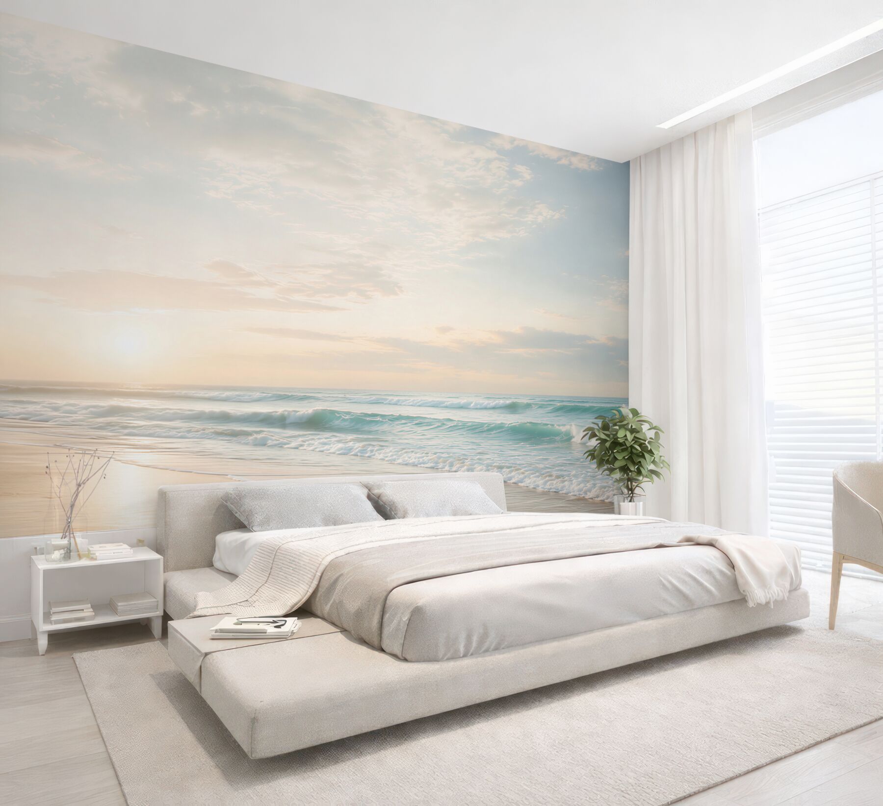 Fototapeta spokojna plaża i błękitne fale o wschodzie słońca?v23