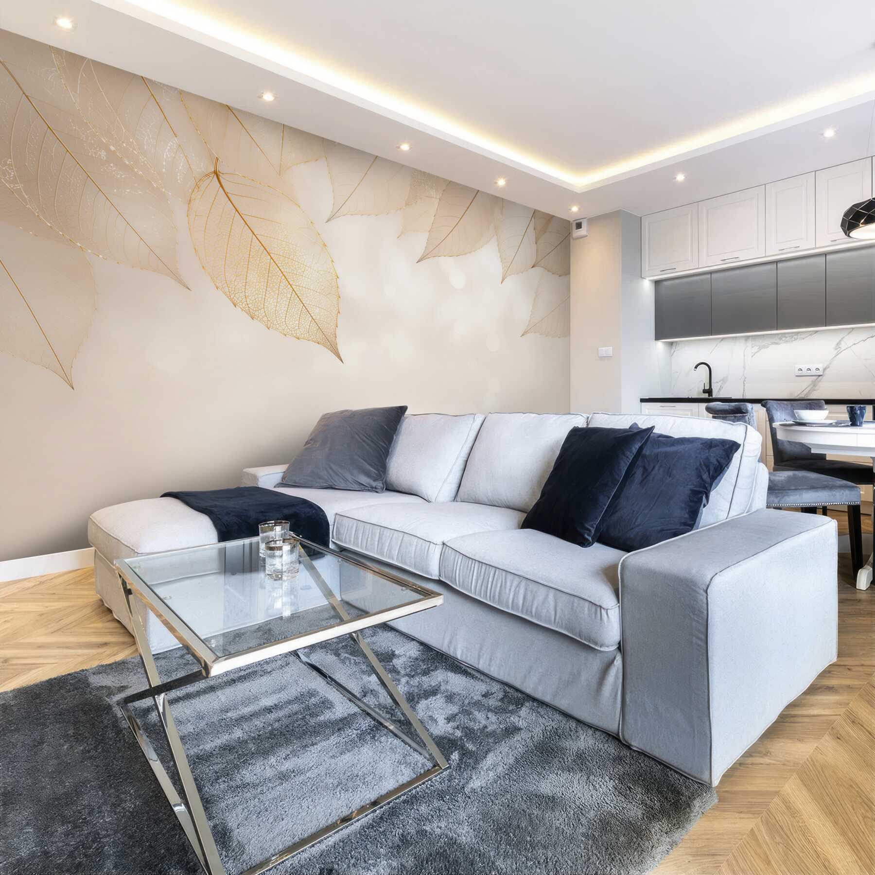 Fototapeta złote ażurowe liście na jasnym tle elegancka do salonu?v23