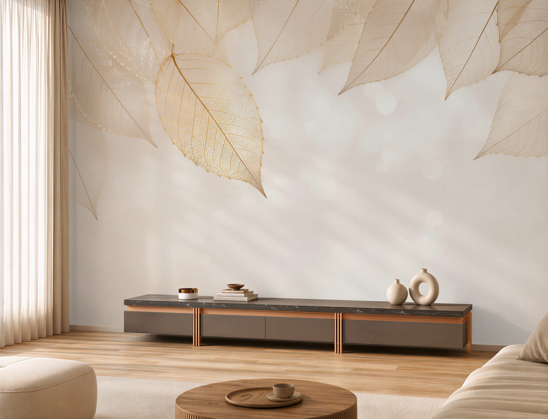 Fototapeta złote ażurowe liście na jasnym tle elegancka do salonu?v23