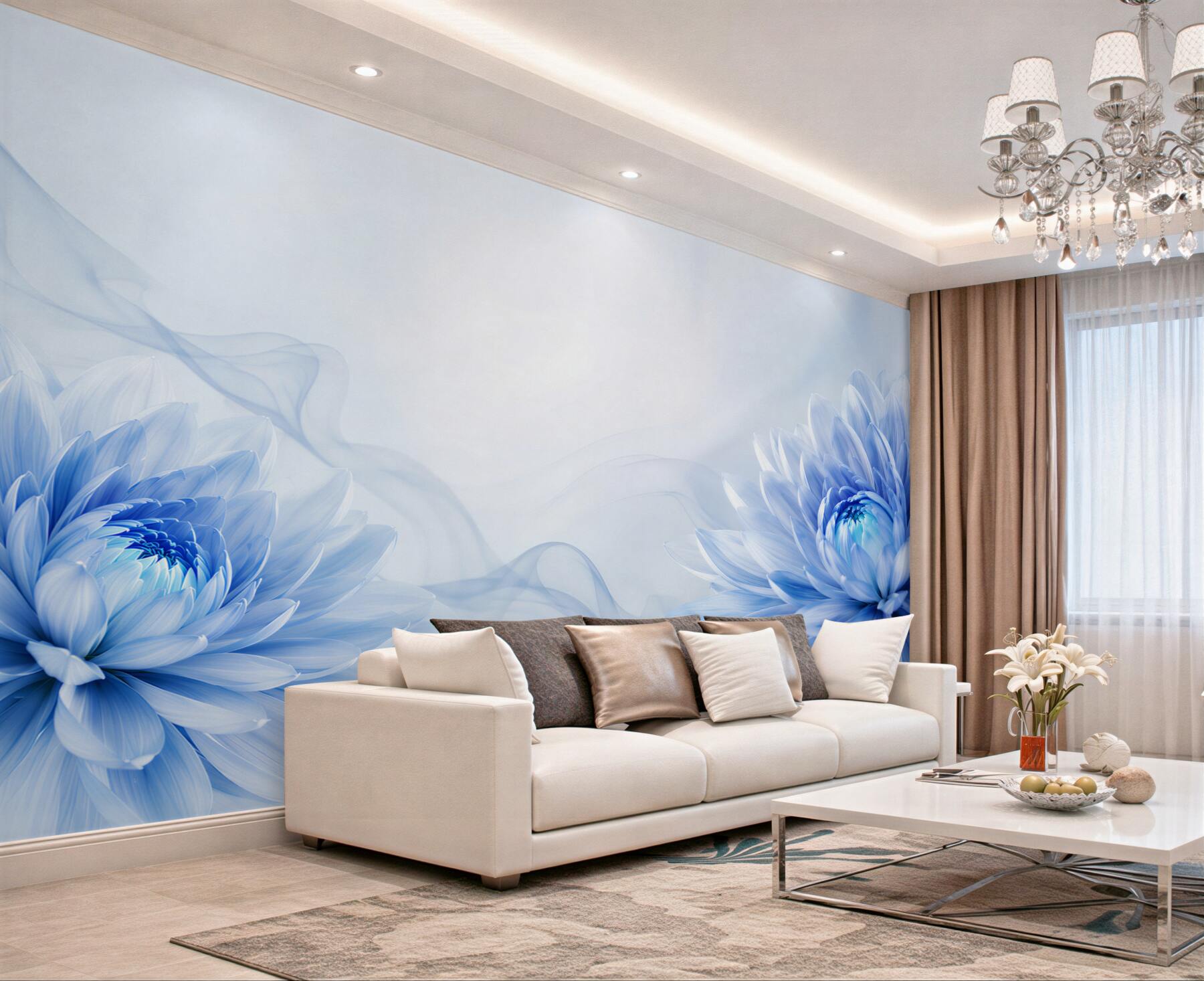 Fototapeta niebieskie kwiaty na jasnym tle elegancka floralna abstrakcja?v23