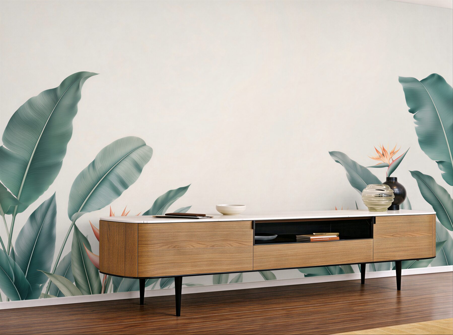 Fototapeta liście bananowca i strelicje minimalistyczna tropikalna kompozycja?v23