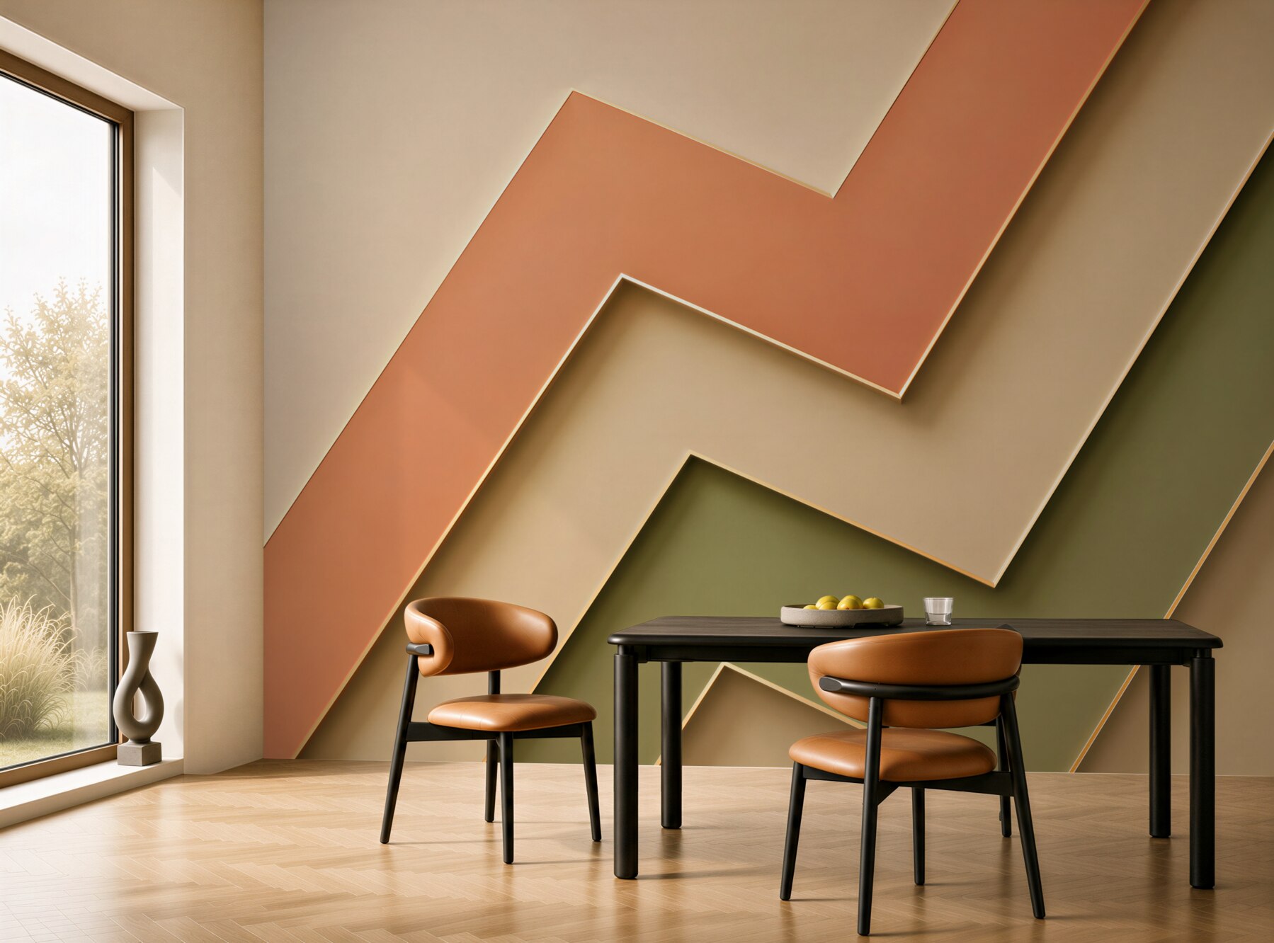 Fototapeta geometryczne pasy beżowe oliwkowe i terakota nowoczesna?v23