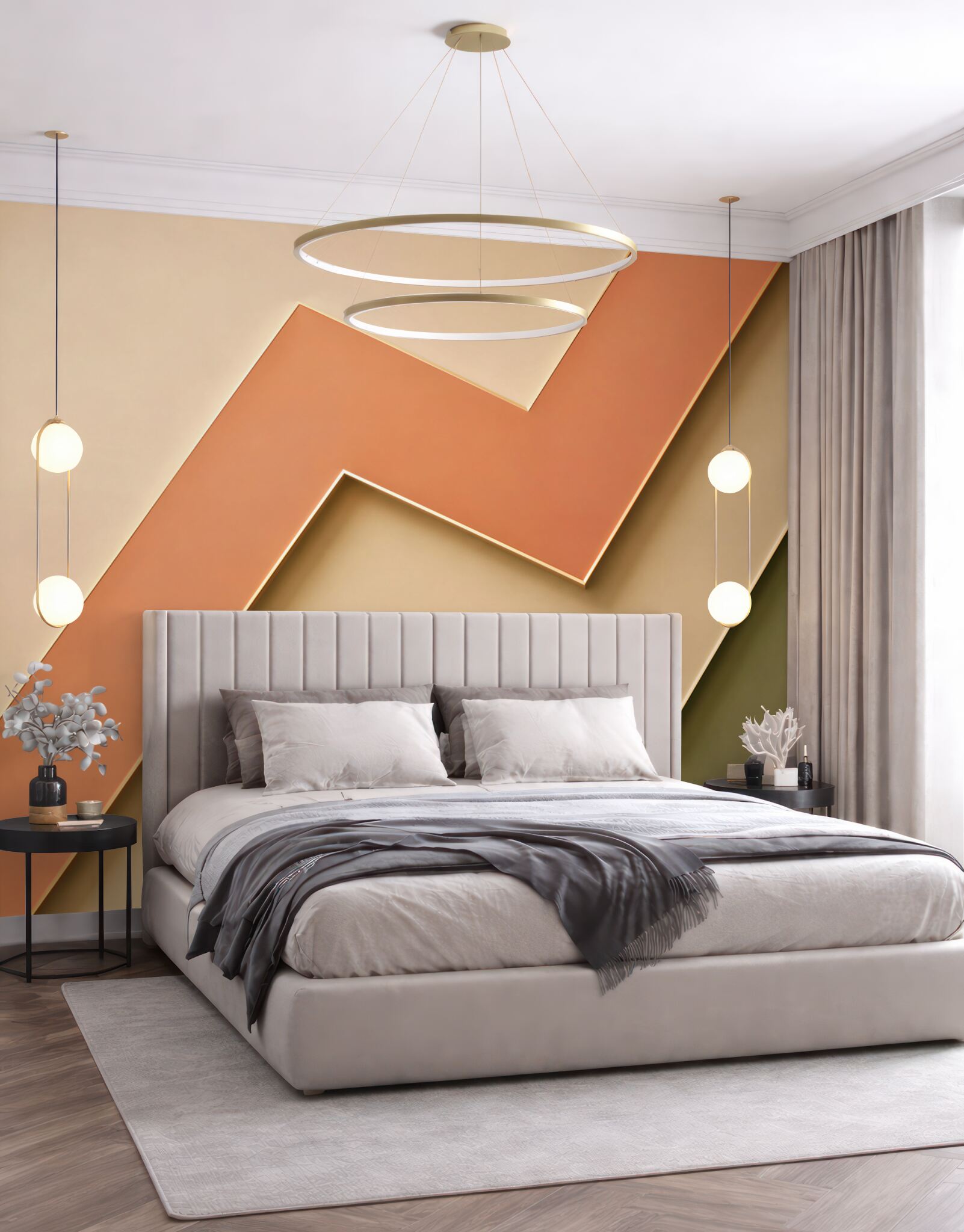 Fototapeta geometryczne pasy beżowe oliwkowe i terakota nowoczesna?v23