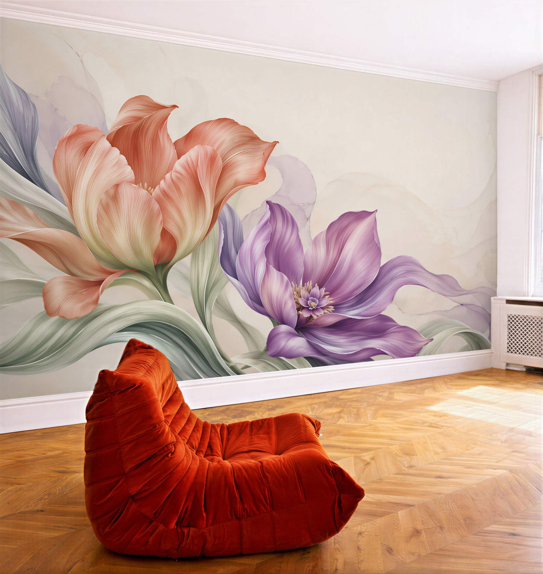 Fototapeta pastelowe kwiaty w odcieniach brzoskwini i fioletu elegancka?v23
