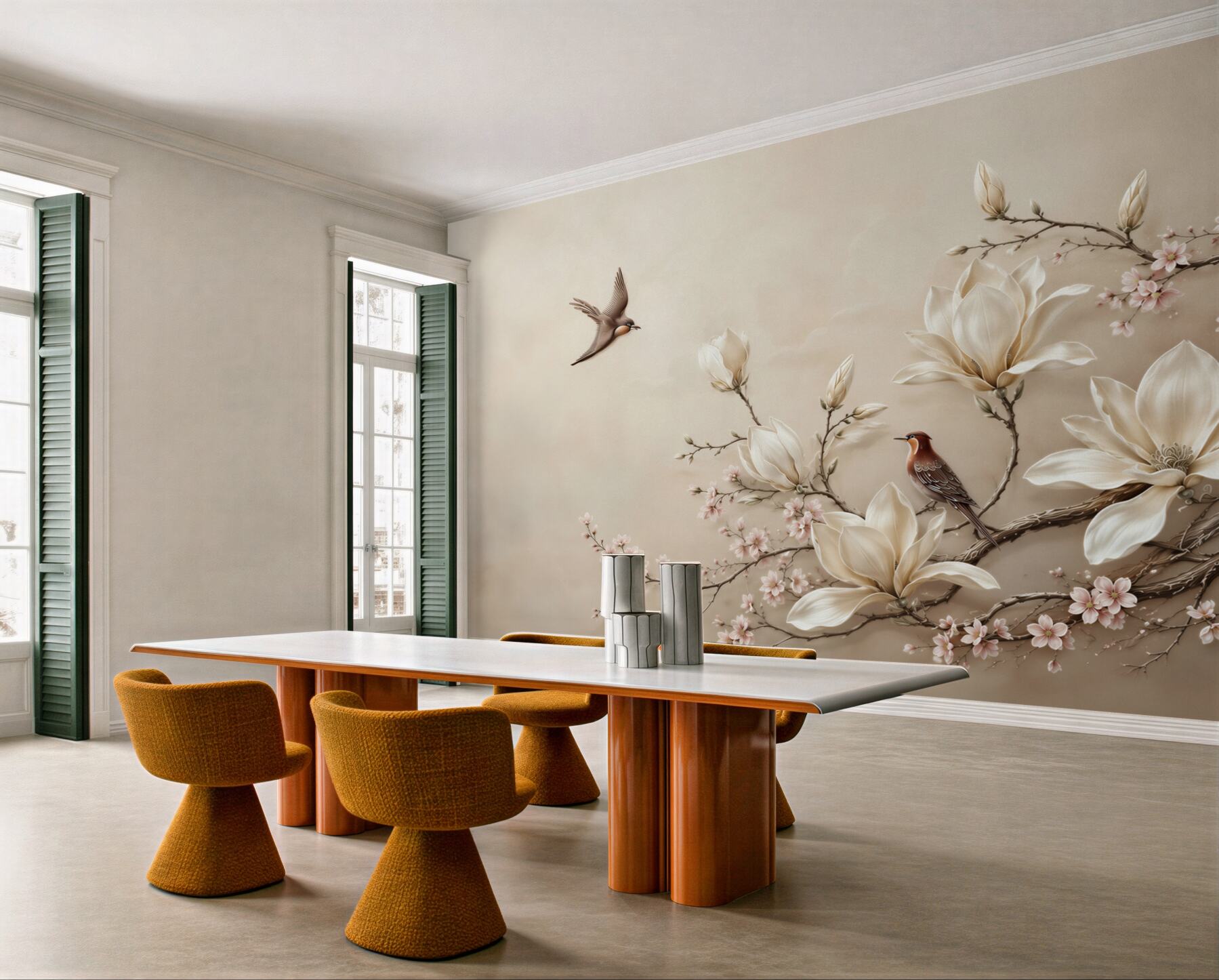 Fototapeta magnolie i kwitnące gałęzie z ptakami w beżowych pastelach?v23