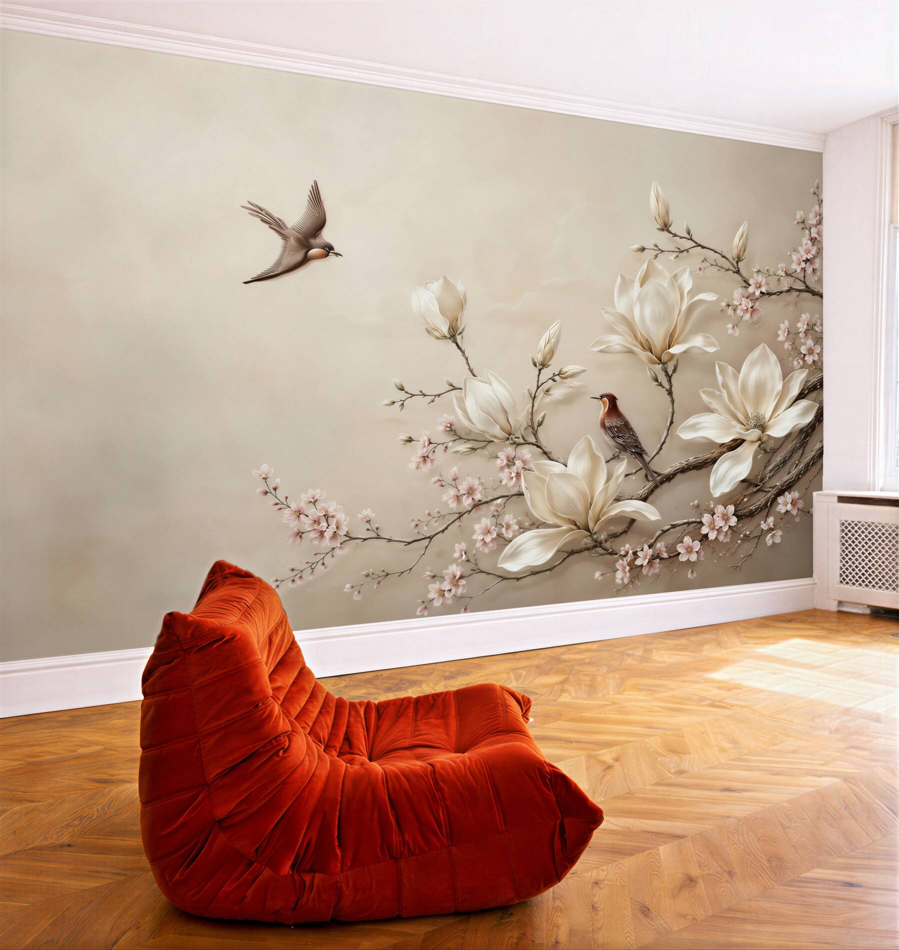 Fototapeta magnolie i kwitnące gałęzie z ptakami w beżowych pastelach?v23