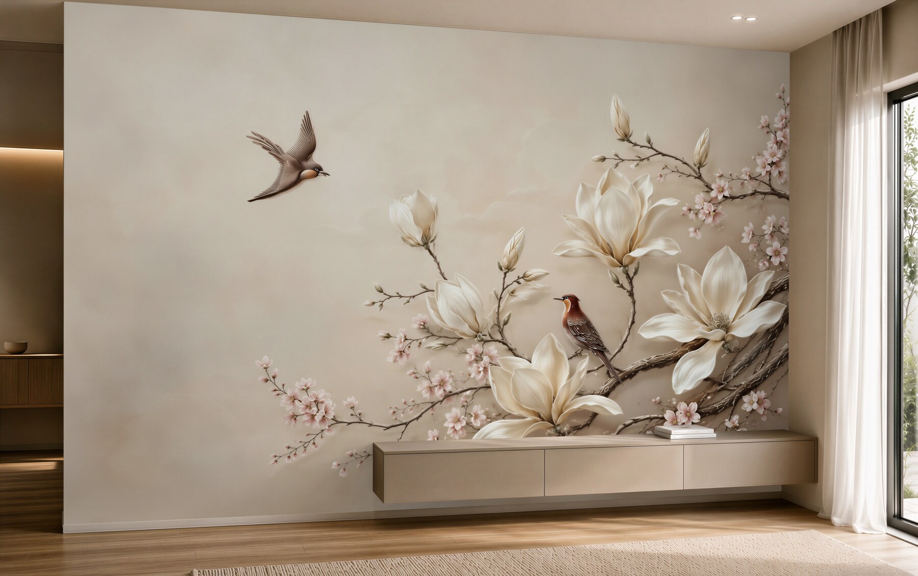 Fototapeta magnolie i kwitnące gałęzie z ptakami w beżowych pastelach?v23