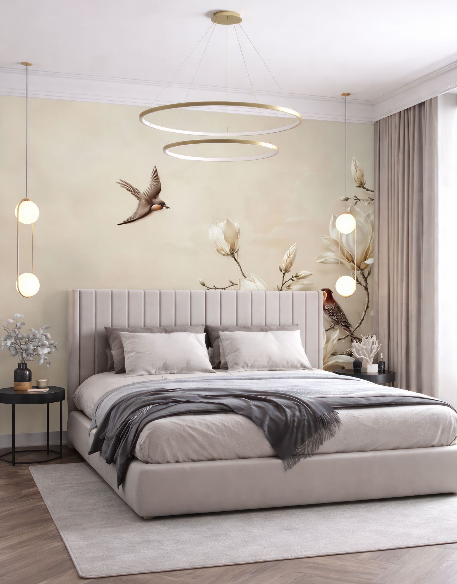 Fototapeta magnolie i kwitnące gałęzie z ptakami w beżowych pastelach?v23