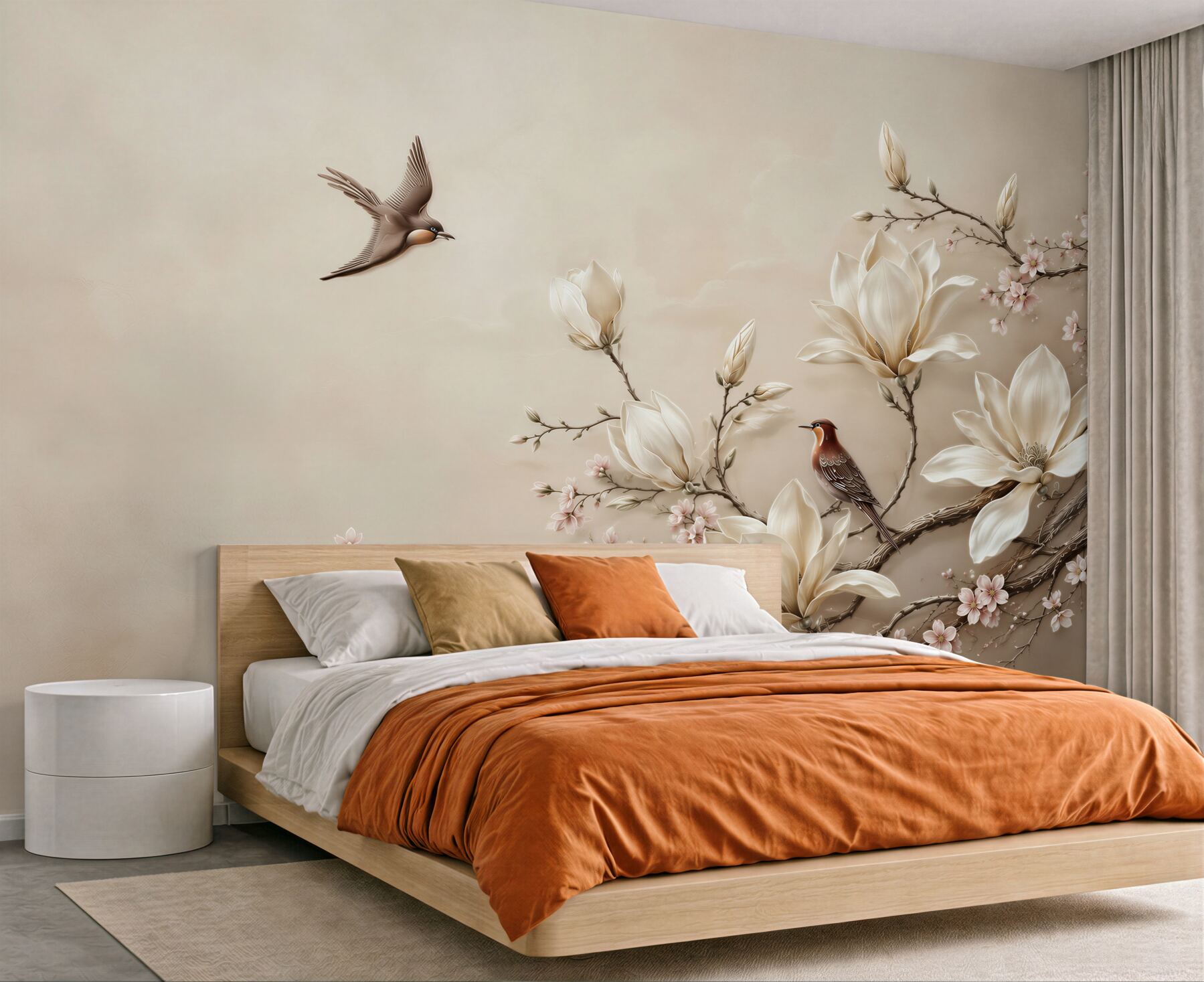 Fototapeta magnolie i kwitnące gałęzie z ptakami w beżowych pastelach?v23