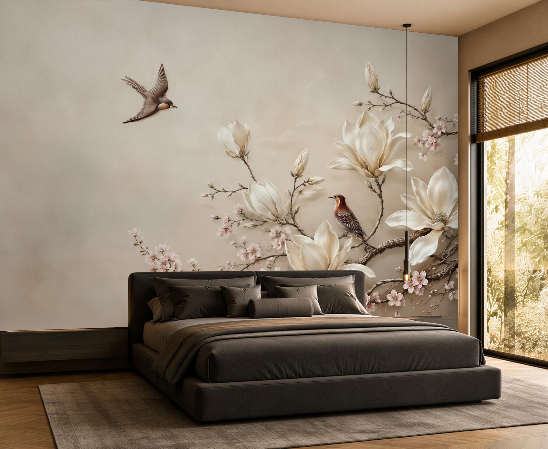 Fototapeta magnolie i kwitnące gałęzie z ptakami w beżowych pastelach?v23