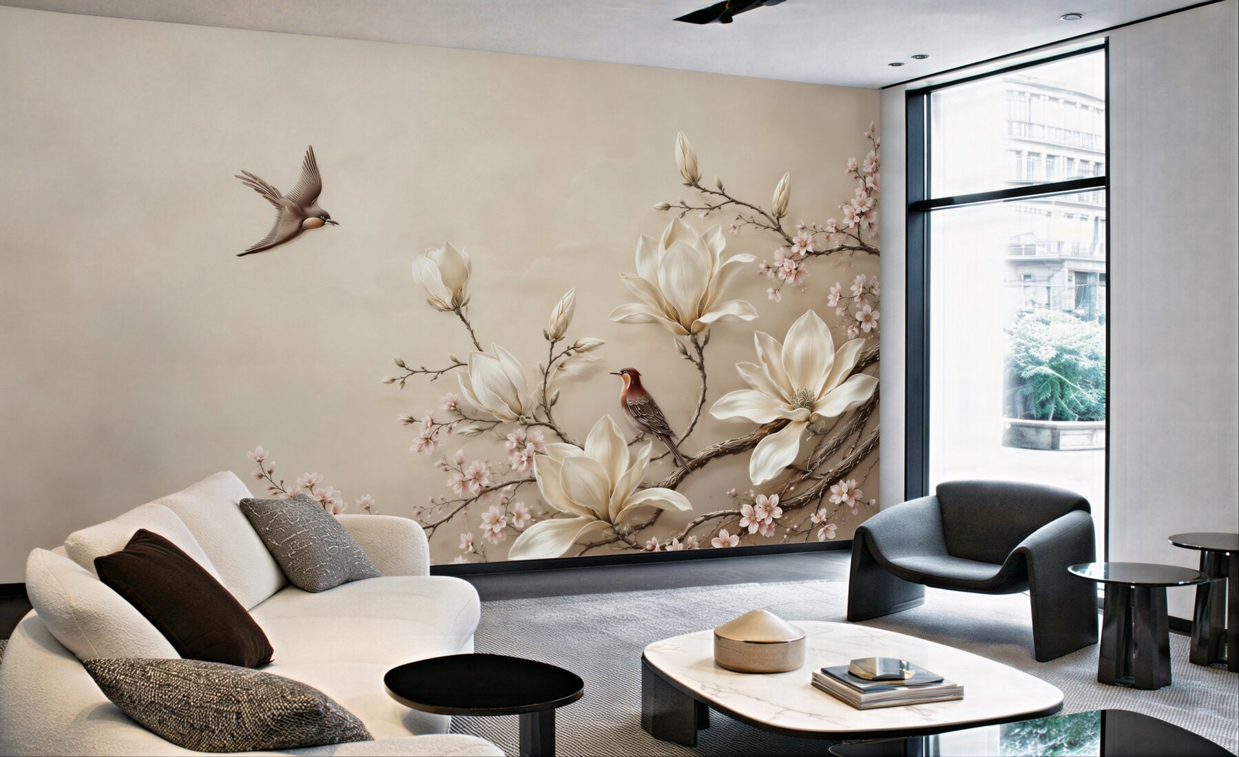Fototapeta magnolie i kwitnące gałęzie z ptakami w beżowych pastelach?v23