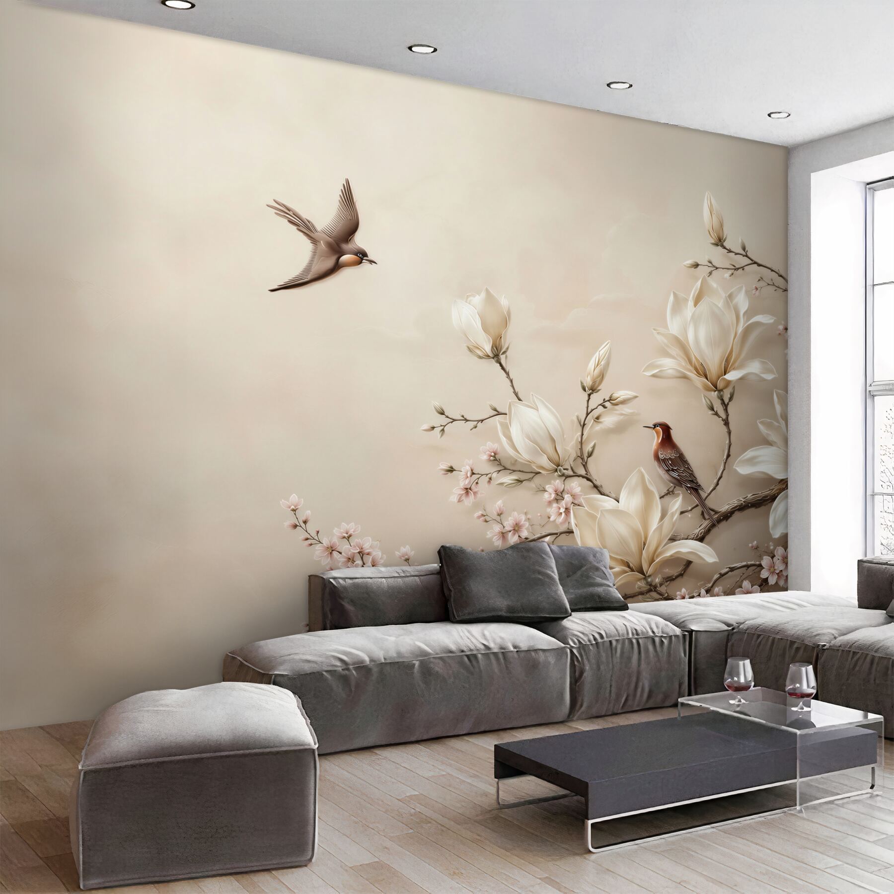 Fototapeta magnolie i kwitnące gałęzie z ptakami w beżowych pastelach?v23