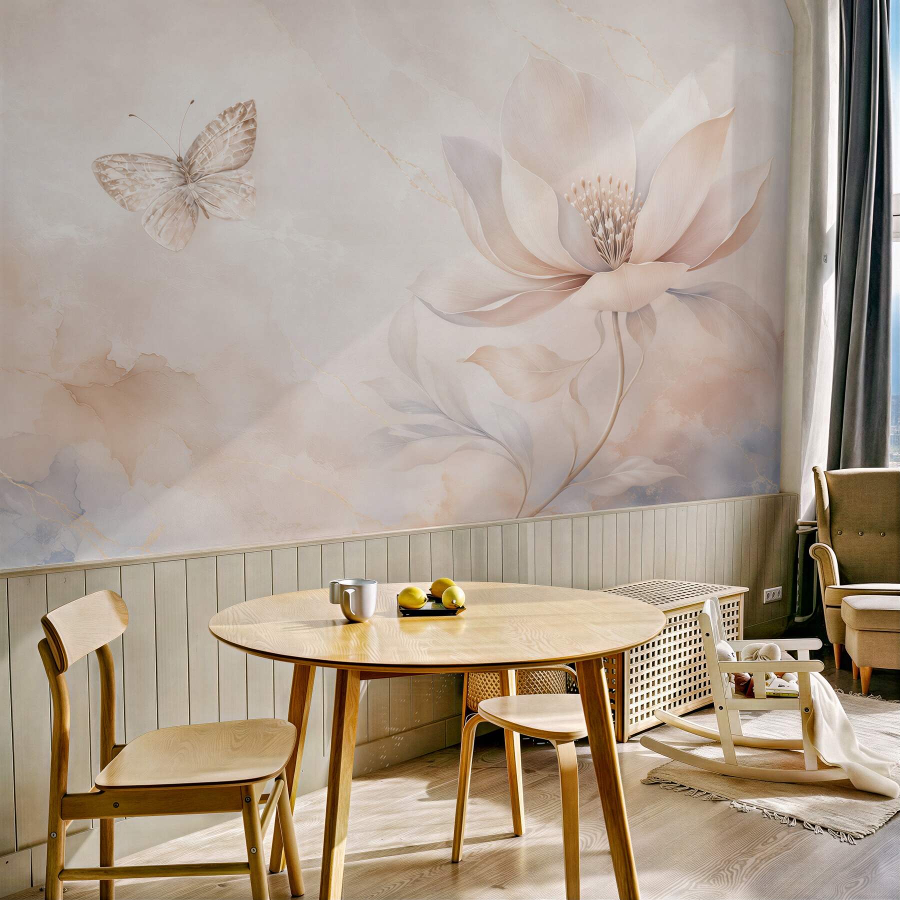 Fototapeta kwiat lotosu z motylem w beżowych pastelach elegancka?v23
