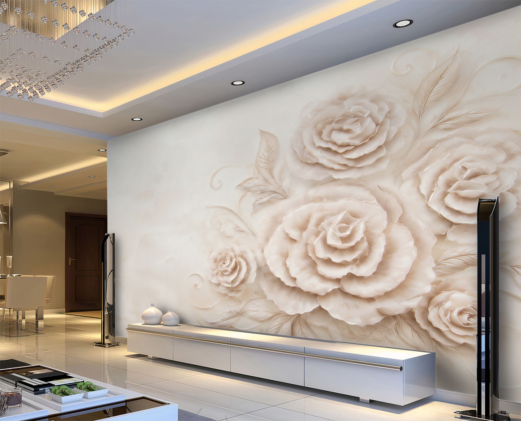 Fototapeta beżowe róże 3D z delikatnymi liśćmi elegancka do salonu?v23