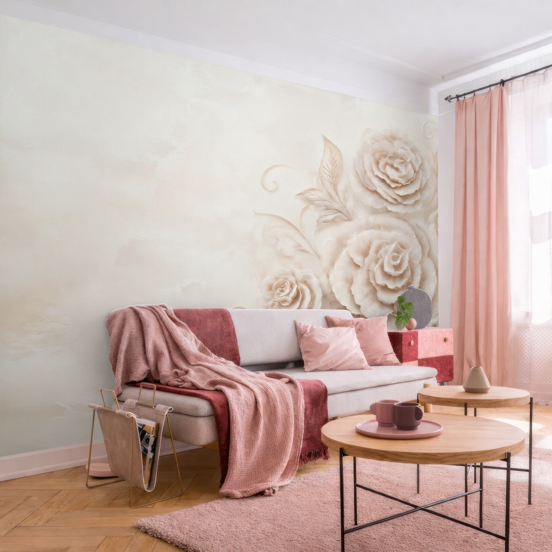 Fototapeta beżowe róże 3D z delikatnymi liśćmi elegancka do salonu?v23