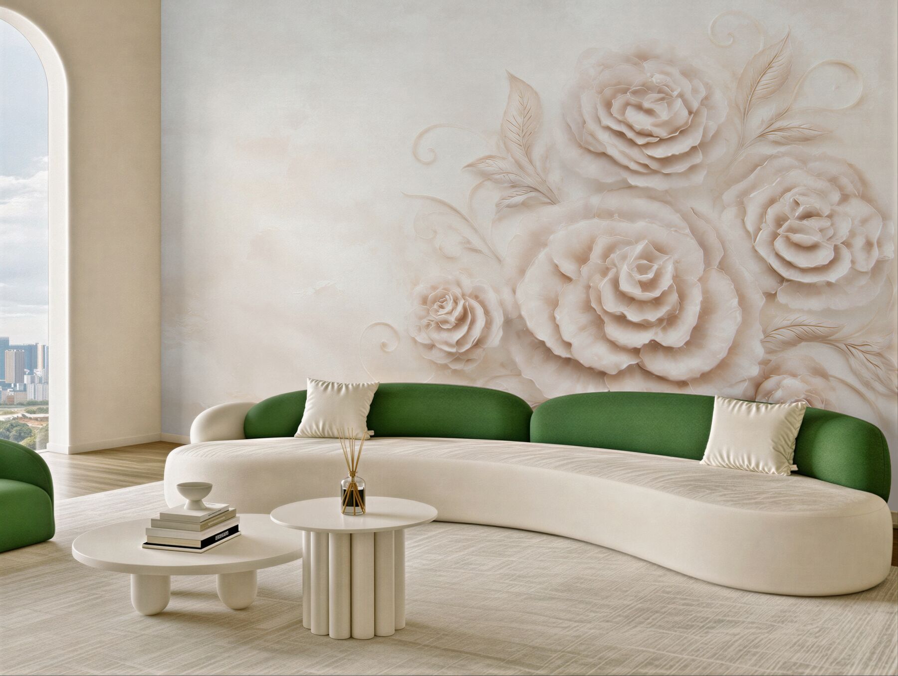 Fototapeta beżowe róże 3D z delikatnymi liśćmi elegancka do salonu?v23