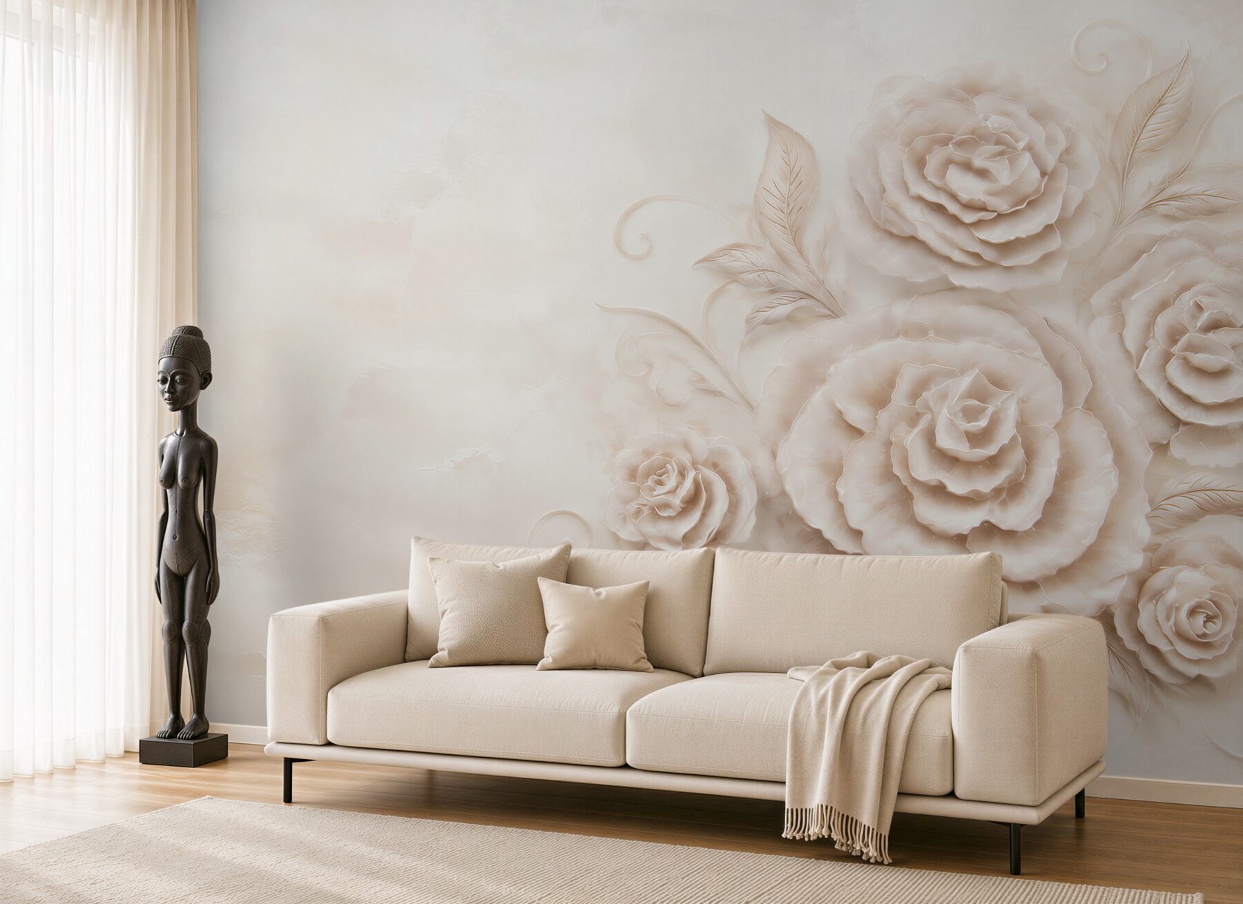 Fototapeta beżowe róże 3D z delikatnymi liśćmi elegancka do salonu?v23