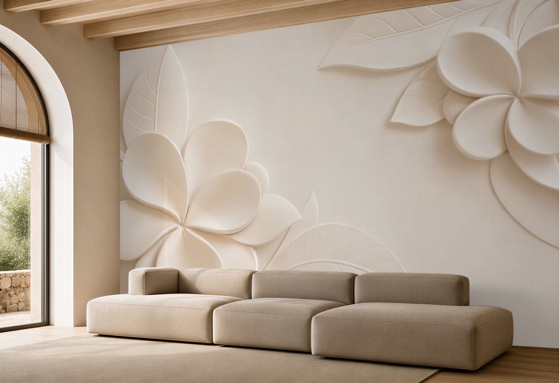 Fototapeta kwiaty i liście 3D kremowe minimalistyczne do sypialni?v23
