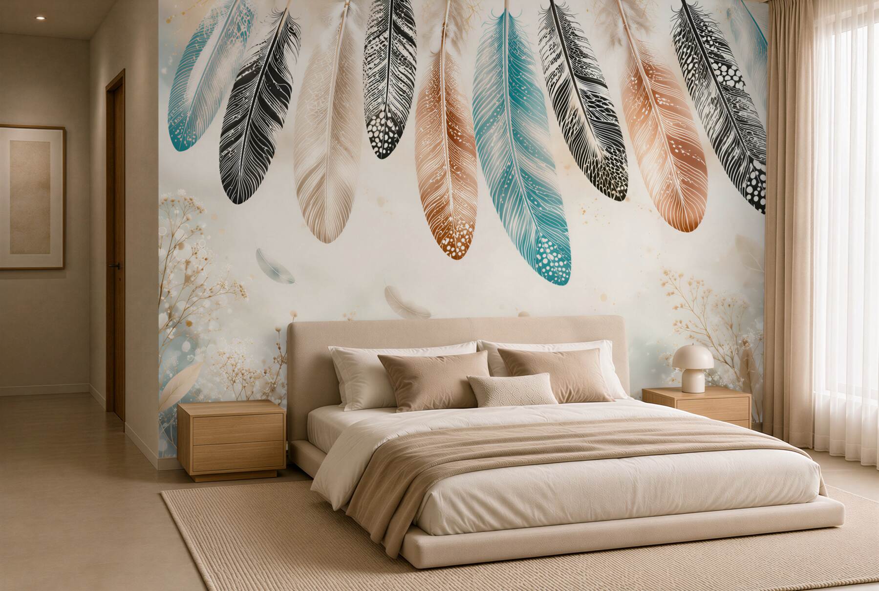 Fototapeta kolorowe pióra boho na jasnym tle delikatna do sypialni?v23