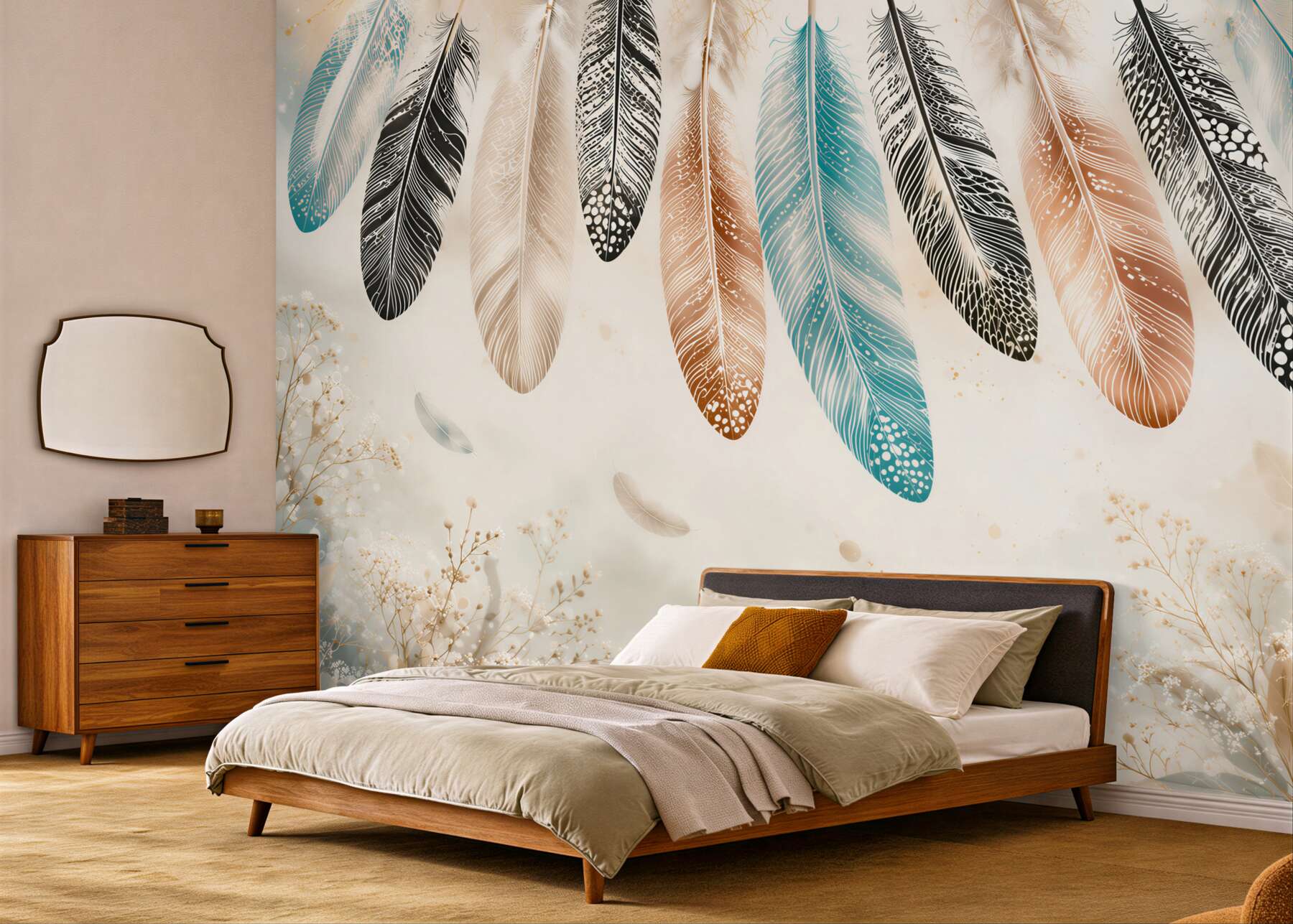 Fototapeta kolorowe pióra boho na jasnym tle delikatna do sypialni?v23