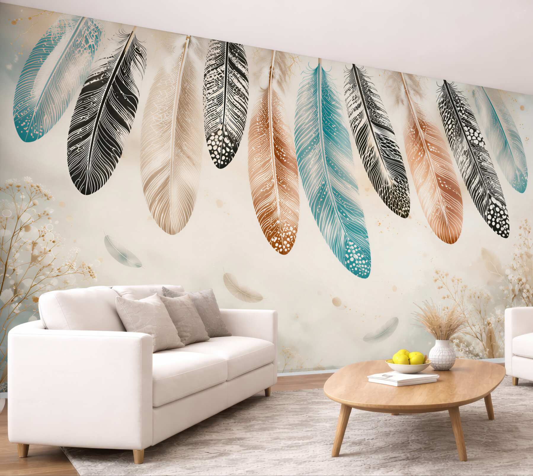 Fototapeta kolorowe pióra boho na jasnym tle delikatna do sypialni?v23